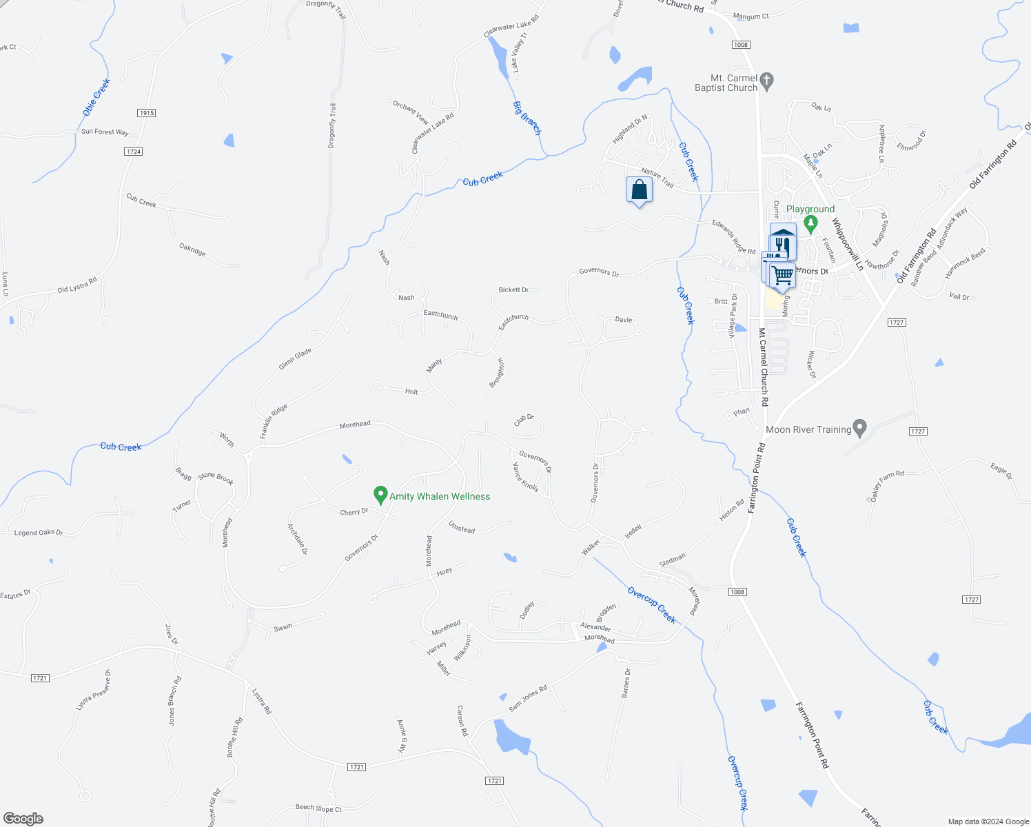 map of restaurants, bars, coffee shops, grocery stores, and more near 11469 Club Drive in Chapel Hill