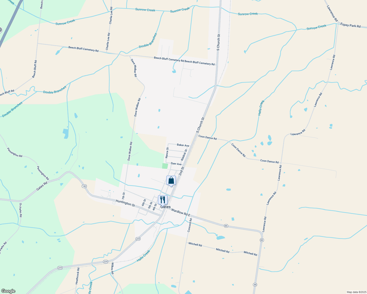 map of restaurants, bars, coffee shops, grocery stores, and more near 79 Baker Avenue in Gates