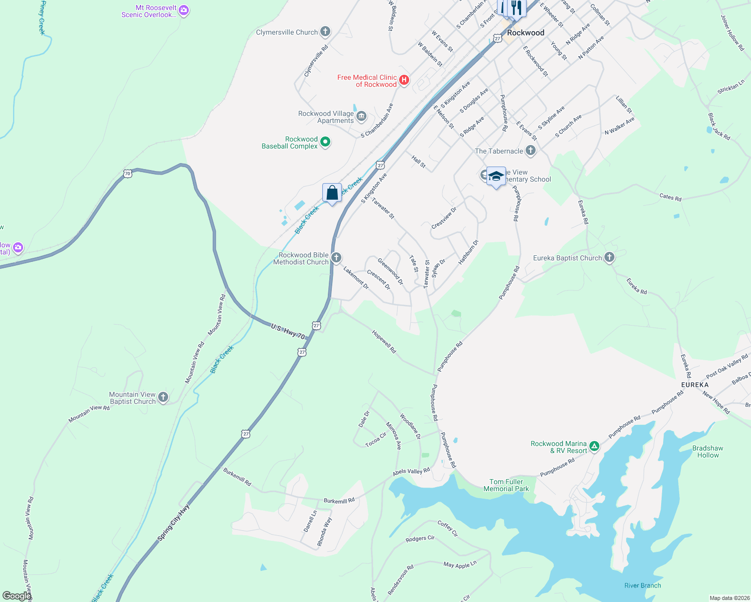 map of restaurants, bars, coffee shops, grocery stores, and more near 425 Lakemont Drive in Rockwood