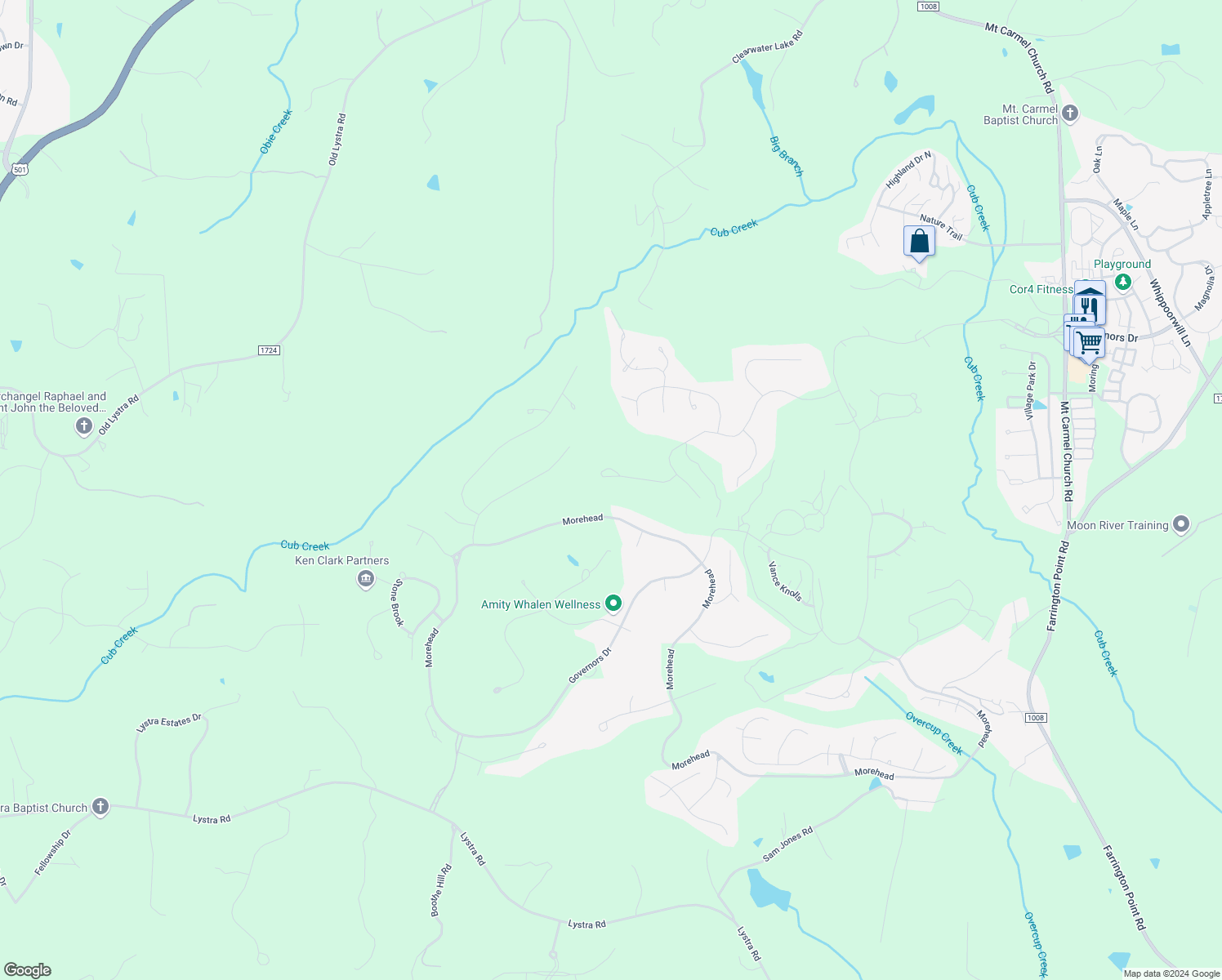 map of restaurants, bars, coffee shops, grocery stores, and more near 10395 Holt in Chapel Hill