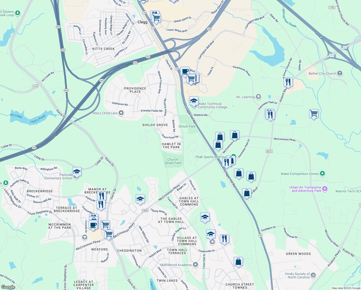 map of restaurants, bars, coffee shops, grocery stores, and more near 204 Tylerway Ln in Morrisville