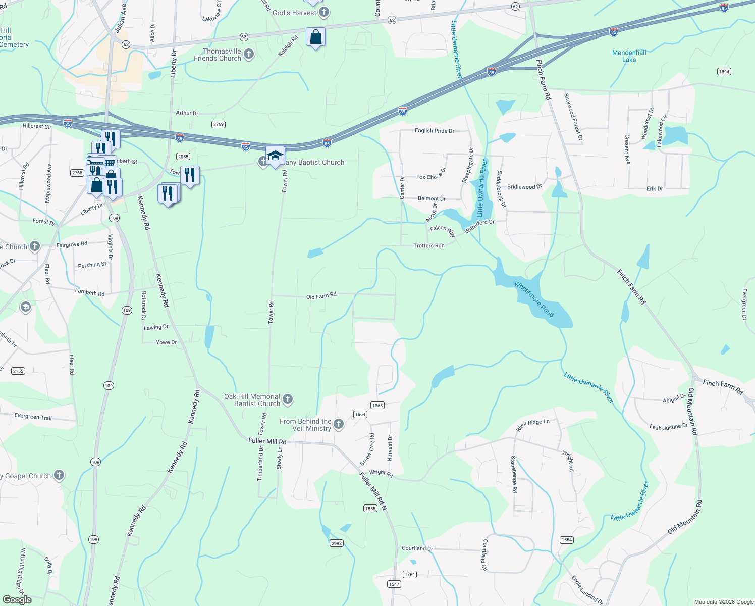 map of restaurants, bars, coffee shops, grocery stores, and more near 7449 Old Farm Road in Thomasville