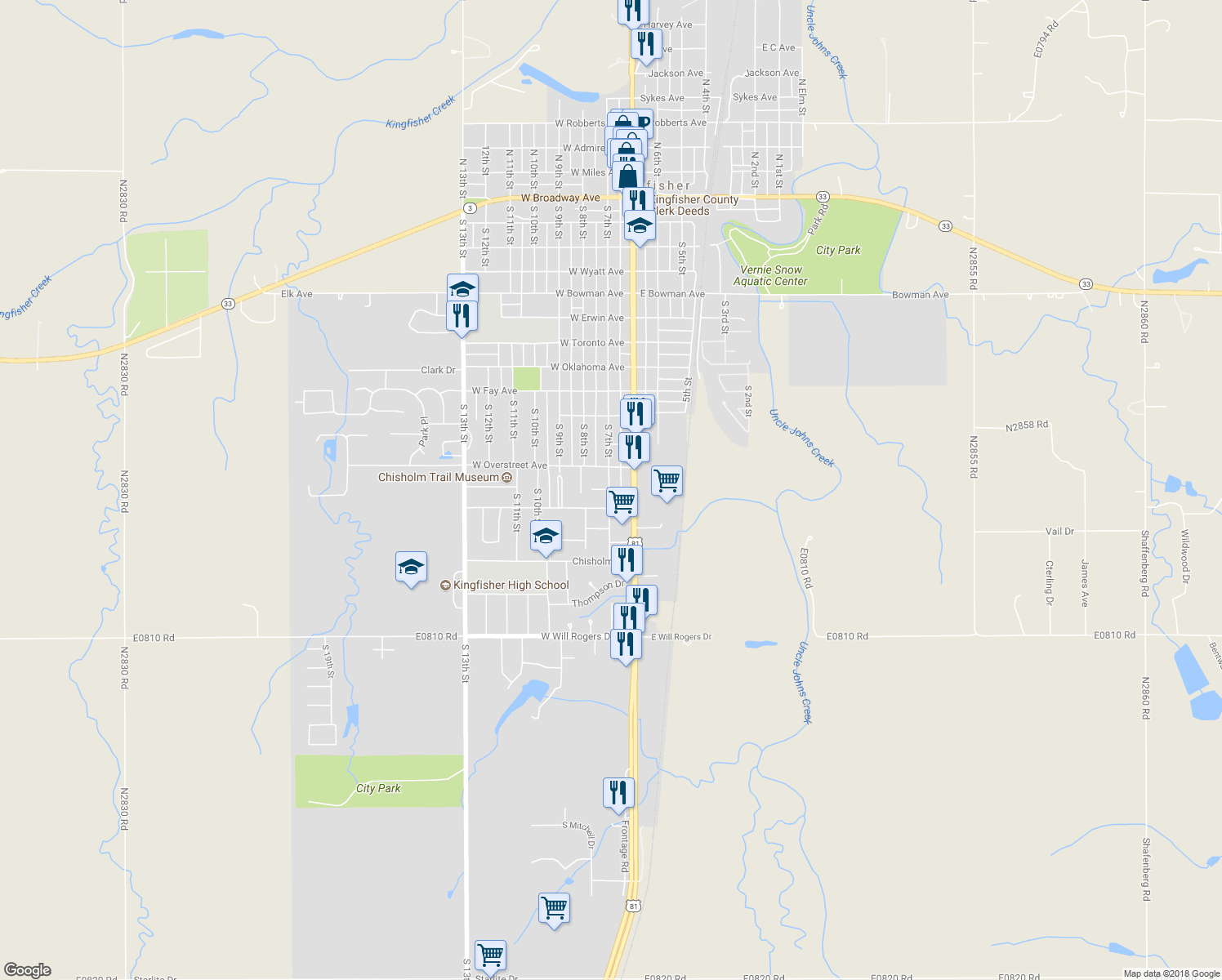 map of restaurants, bars, coffee shops, grocery stores, and more near 1209 South 7th Street in Kingfisher
