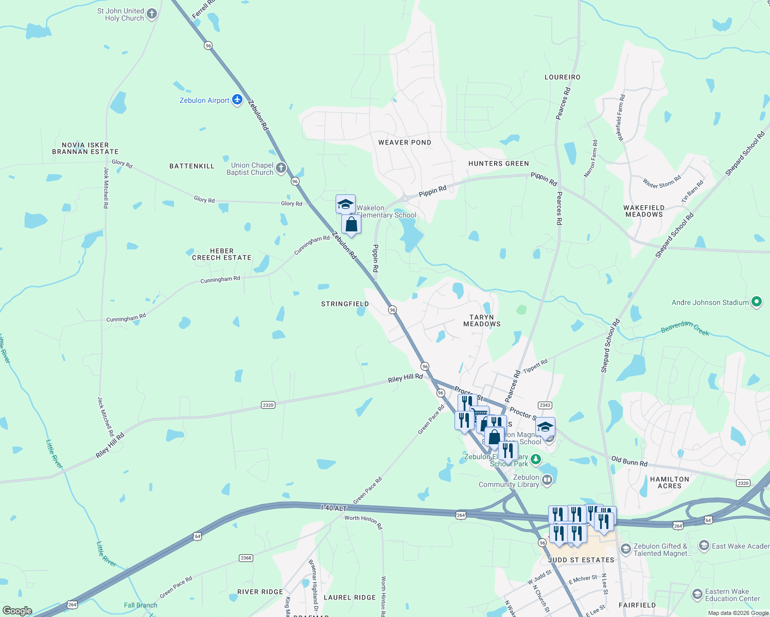 map of restaurants, bars, coffee shops, grocery stores, and more near 8621 Bobbfield Way in Zebulon