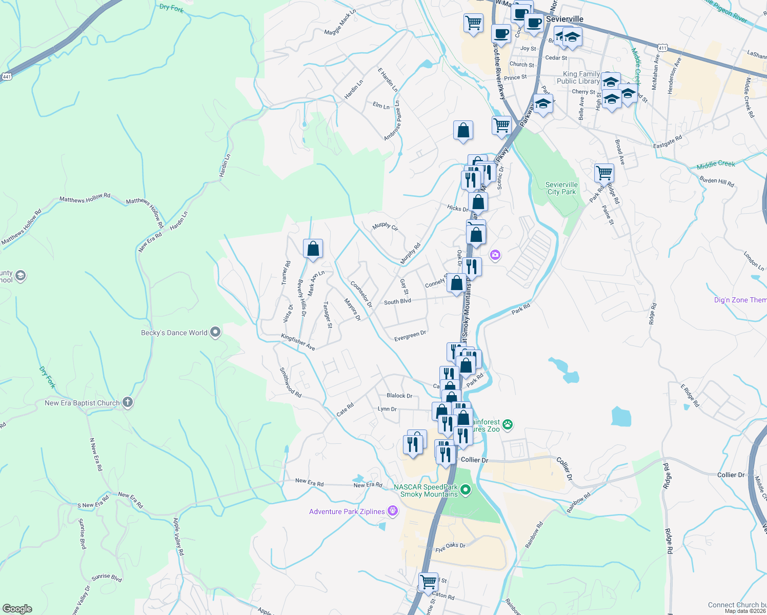 map of restaurants, bars, coffee shops, grocery stores, and more near 316 South Boulevard in Sevierville