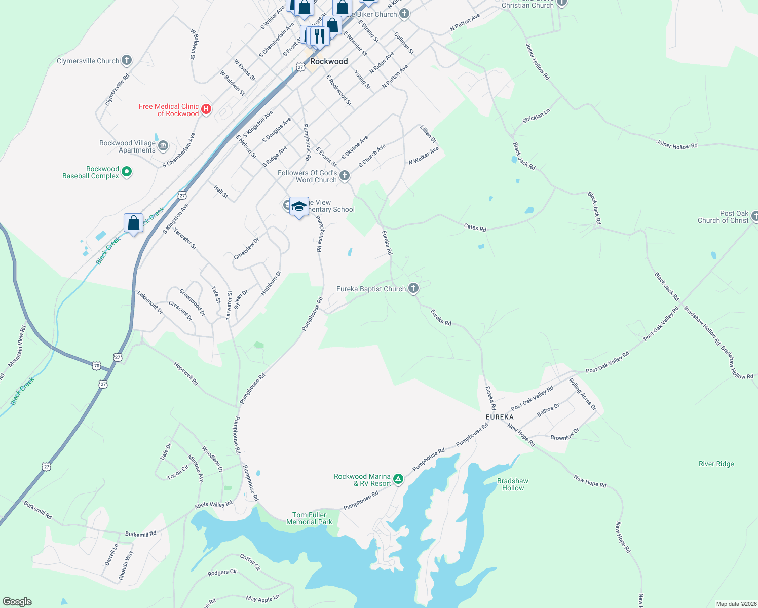 map of restaurants, bars, coffee shops, grocery stores, and more near 415 Martin Road in Rockwood