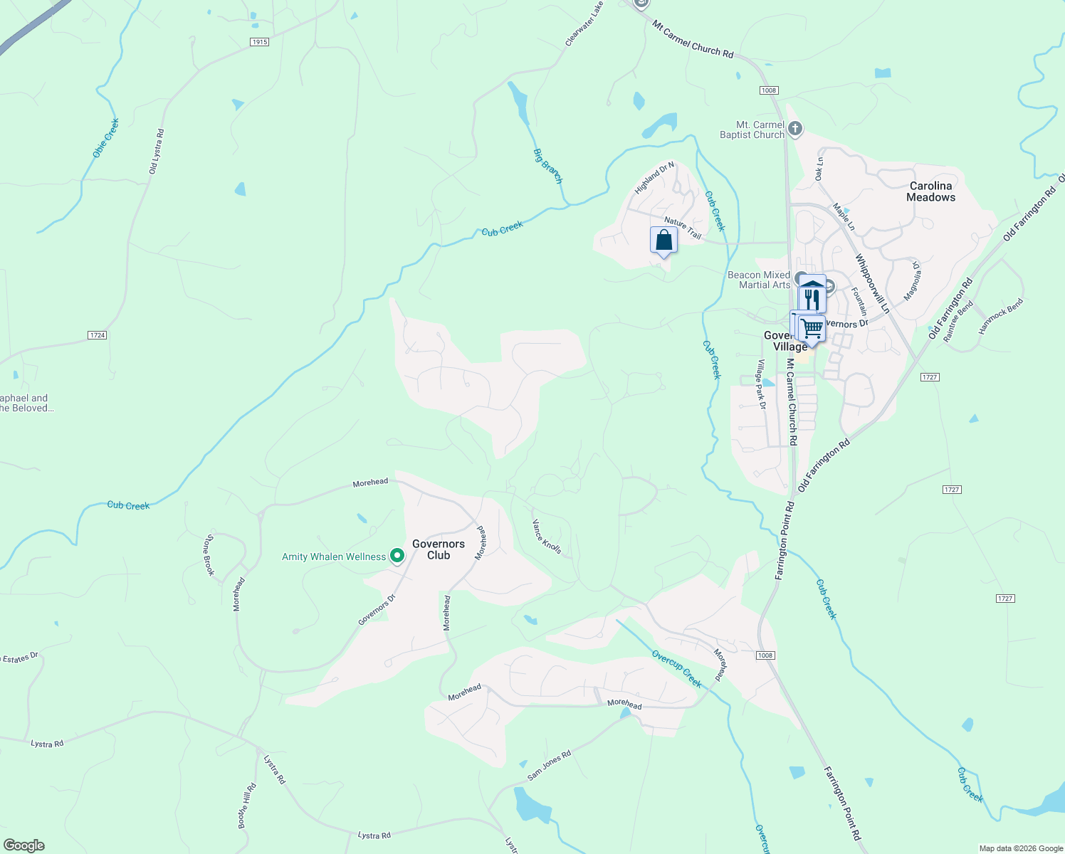 map of restaurants, bars, coffee shops, grocery stores, and more near 55223 Broughton in Chapel Hill
