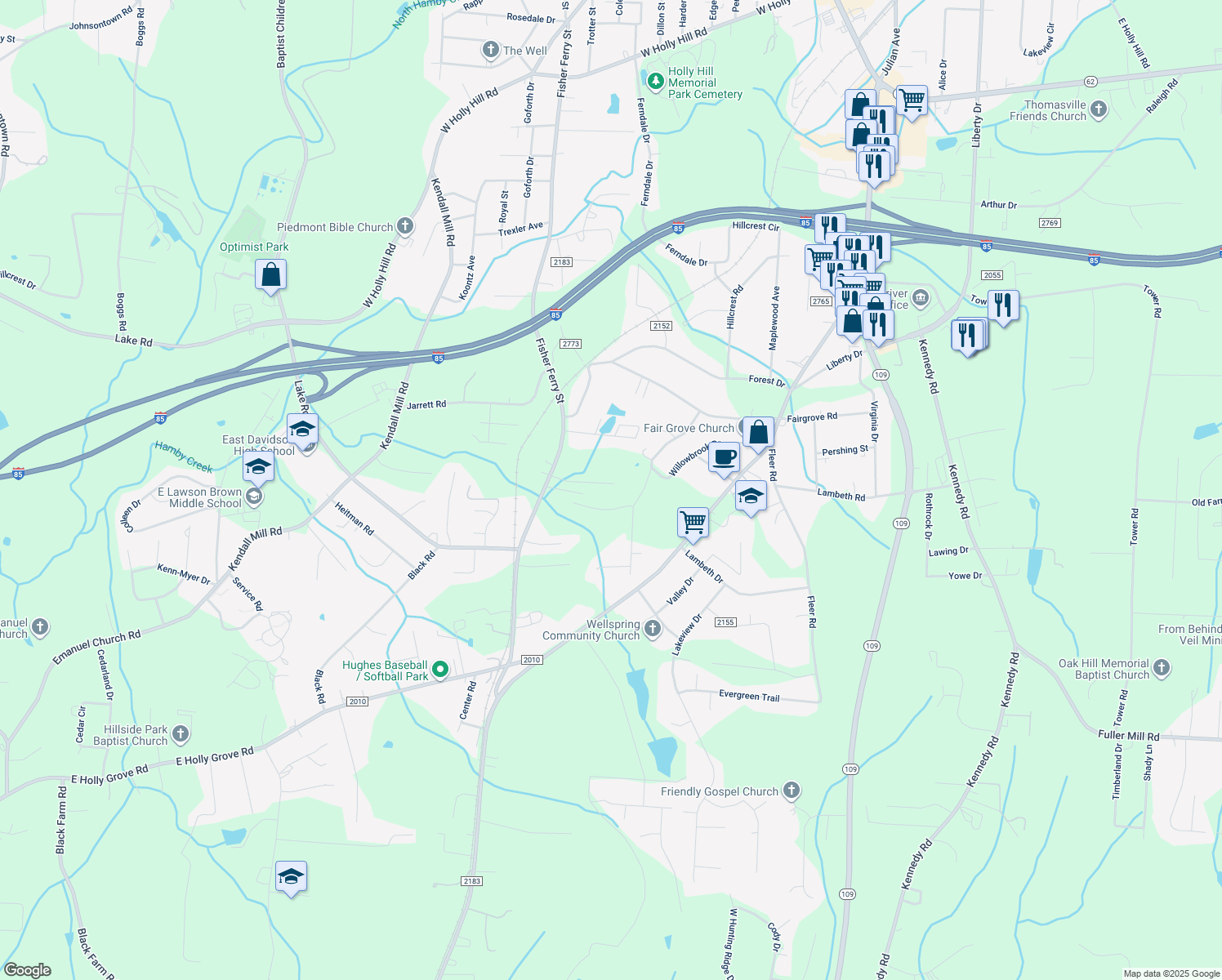 map of restaurants, bars, coffee shops, grocery stores, and more near 74 Harris Farm Court in Thomasville