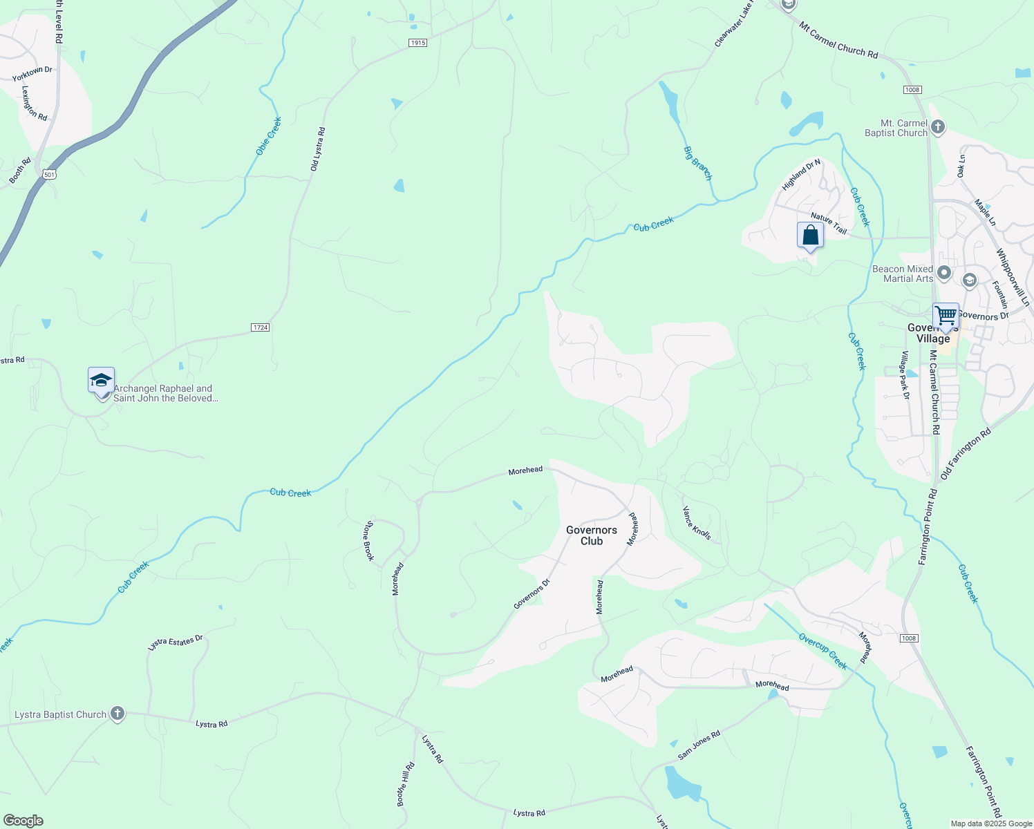 map of restaurants, bars, coffee shops, grocery stores, and more near 97624 Franklin Ridge in Chapel Hill