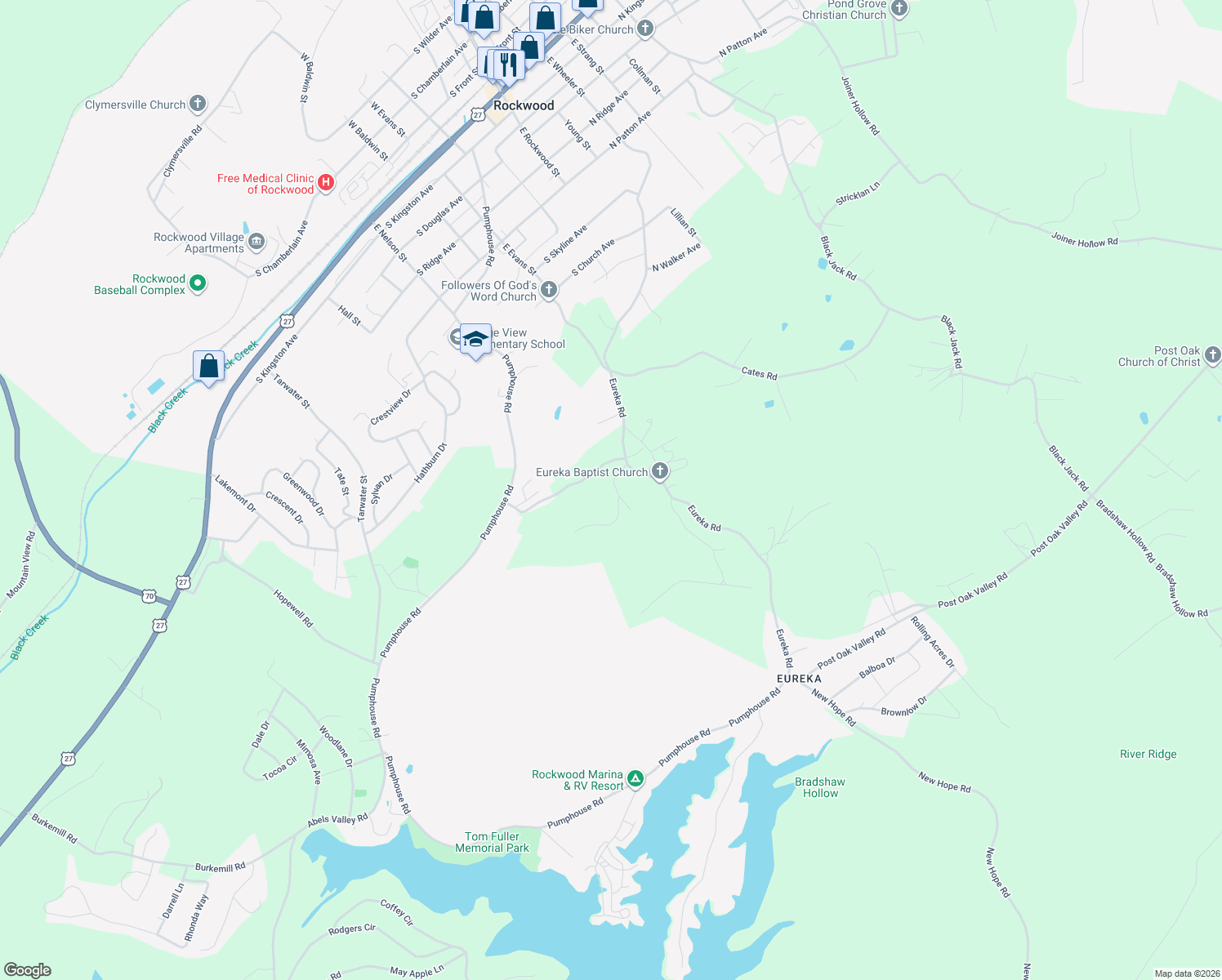 map of restaurants, bars, coffee shops, grocery stores, and more near 415 Martin Road in Rockwood