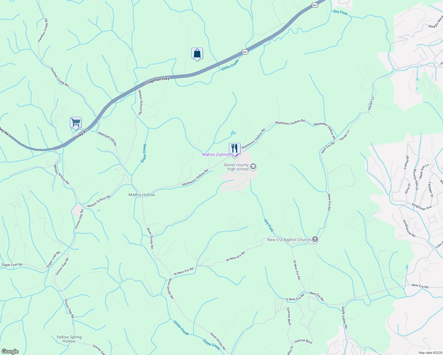 map of restaurants, bars, coffee shops, grocery stores, and more near 3-9 Towering Oaks Drive in Sevierville