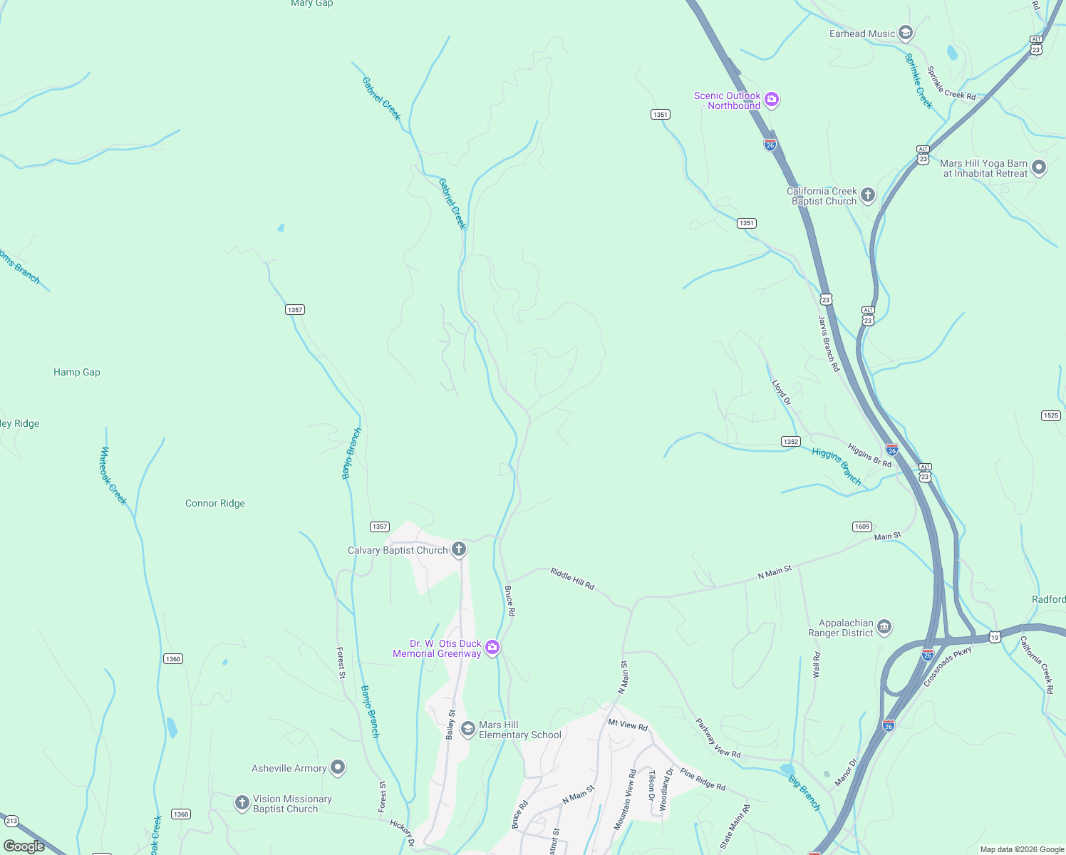 map of restaurants, bars, coffee shops, grocery stores, and more near 24 South Valley View Drive in Mars Hill