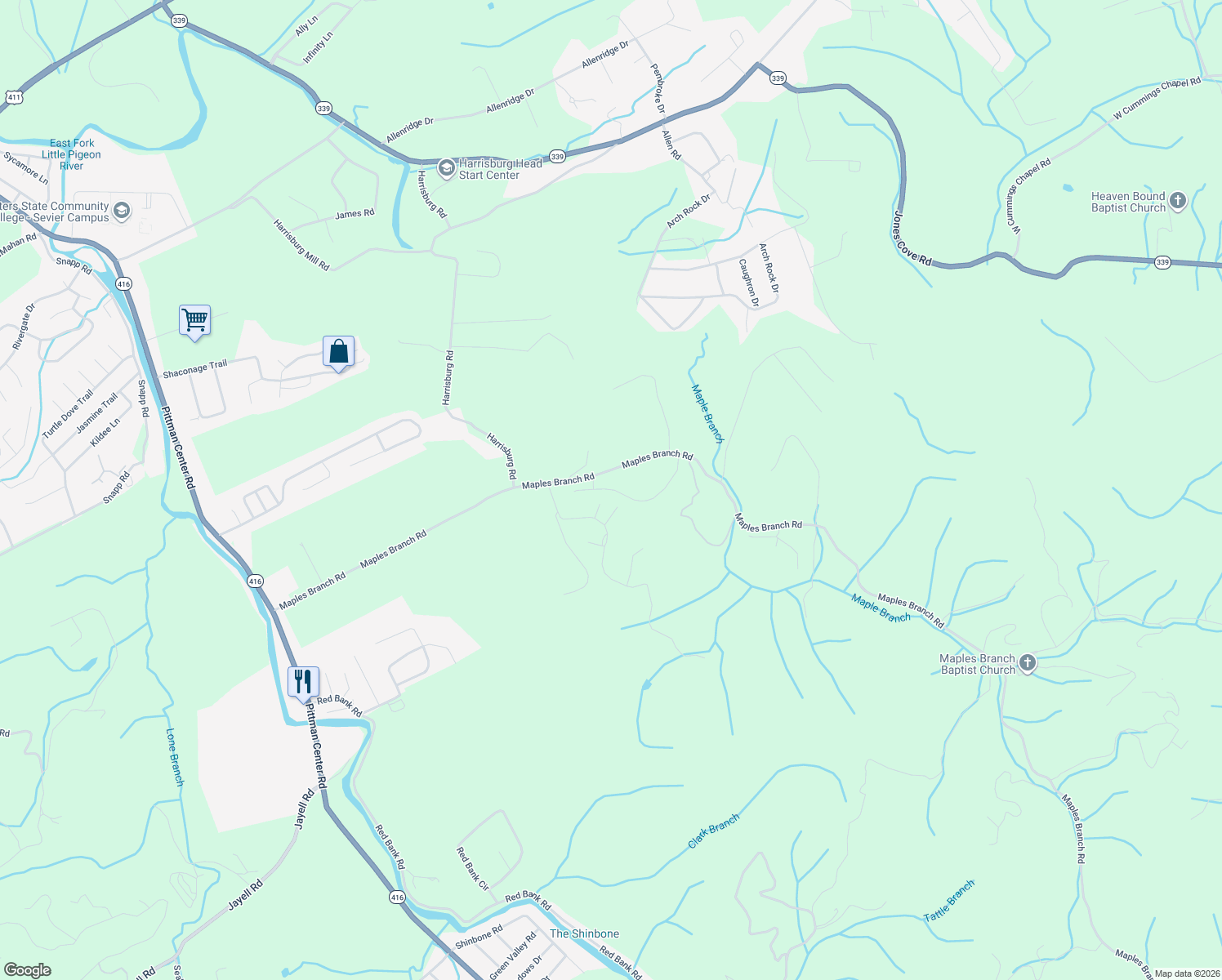 map of restaurants, bars, coffee shops, grocery stores, and more near Boulder Crest Lane in Sevierville