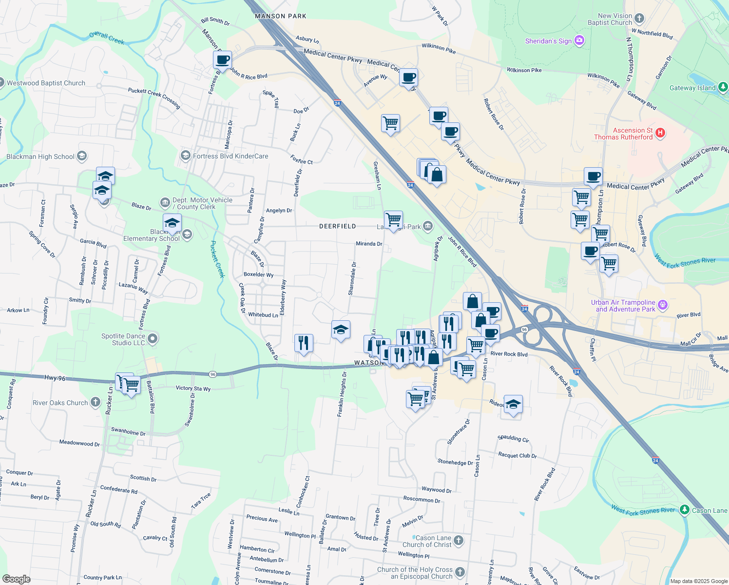 map of restaurants, bars, coffee shops, grocery stores, and more near 2324 Clairmont Drive in Murfreesboro