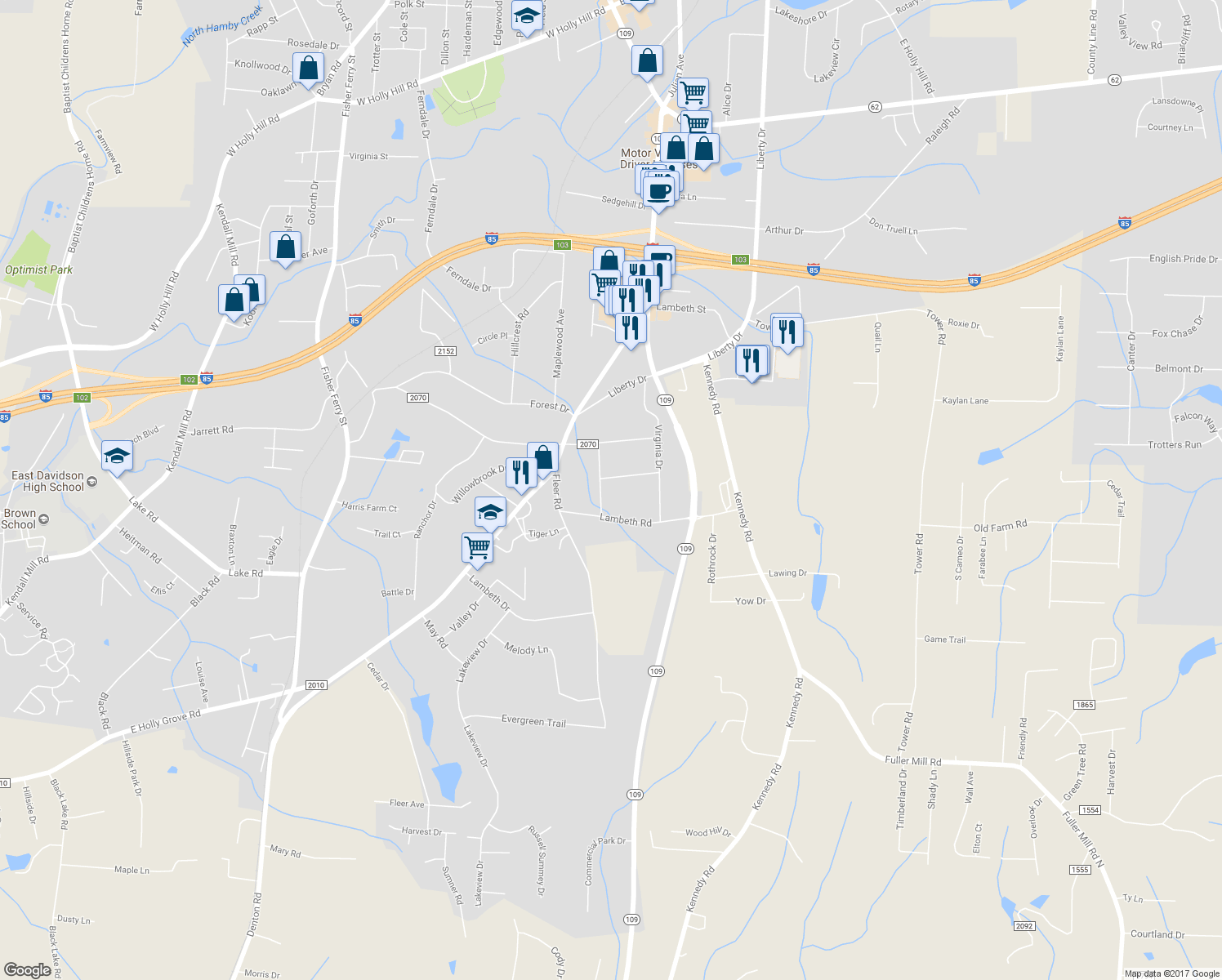 map of restaurants, bars, coffee shops, grocery stores, and more near 393 Springs Grove Lane in Thomasville