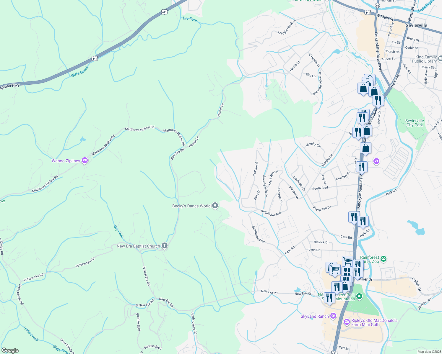 map of restaurants, bars, coffee shops, grocery stores, and more near 1258 Tramel Road in Sevierville