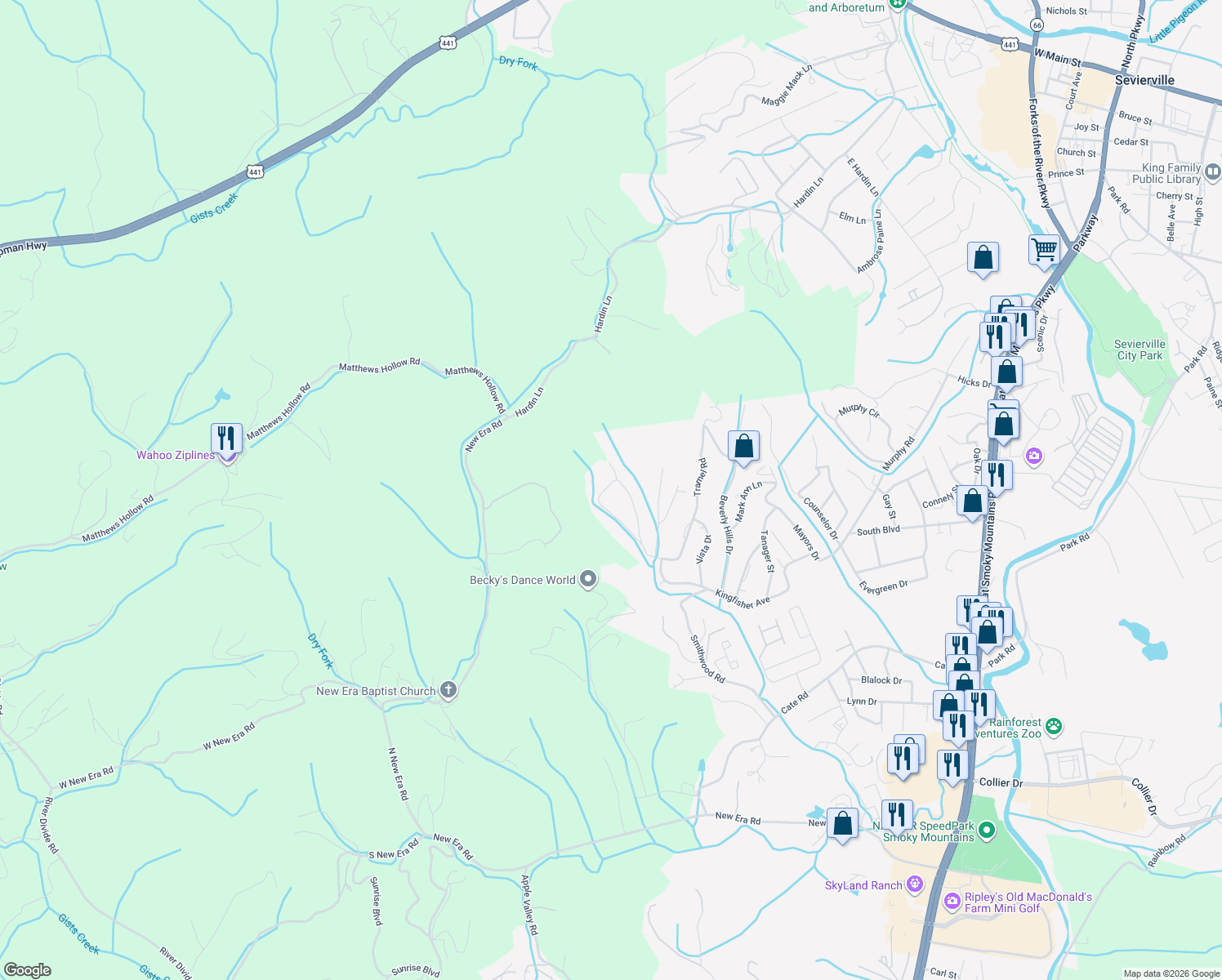 map of restaurants, bars, coffee shops, grocery stores, and more near 1258 Tramel Road in Sevierville