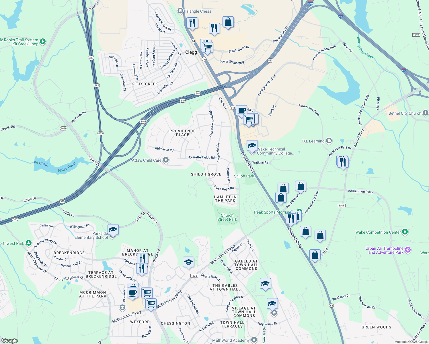 map of restaurants, bars, coffee shops, grocery stores, and more near 1204 Denmark Manor Drive in Morrisville