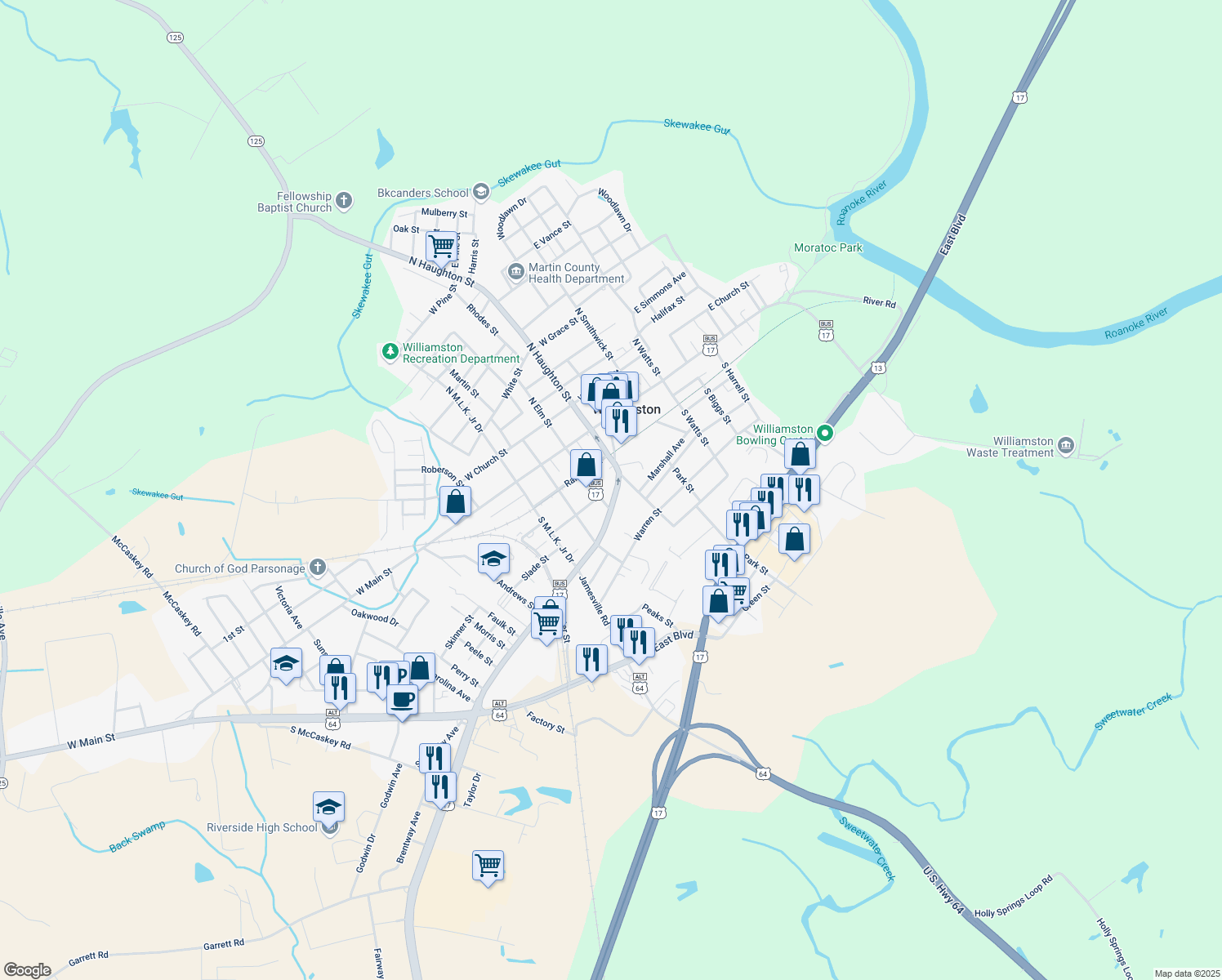 map of restaurants, bars, coffee shops, grocery stores, and more near 209 Washington St in Williamston