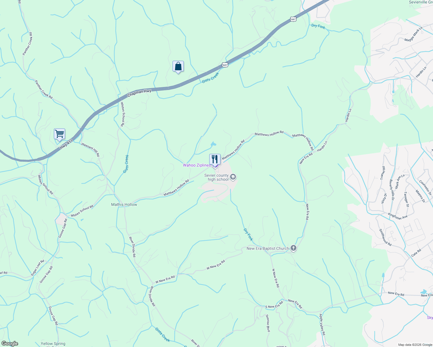 map of restaurants, bars, coffee shops, grocery stores, and more near 605 Stockton Drive in Sevierville