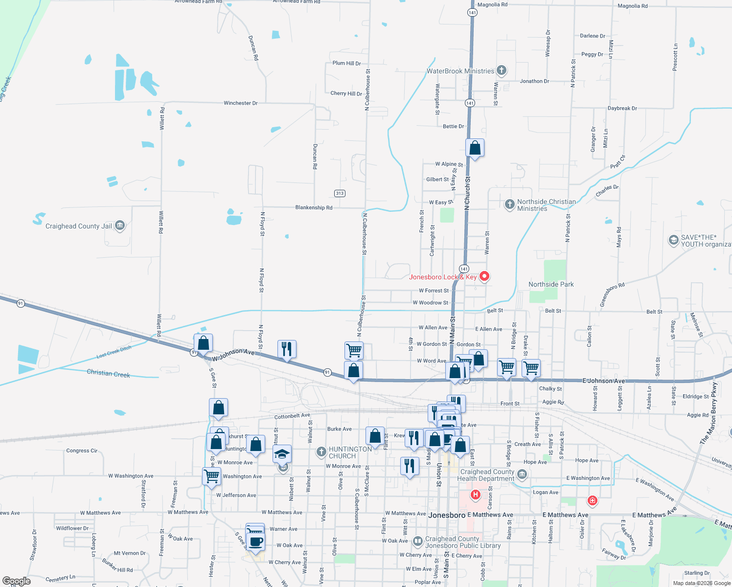 map of restaurants, bars, coffee shops, grocery stores, and more near 525 West Forrest Street in Jonesboro