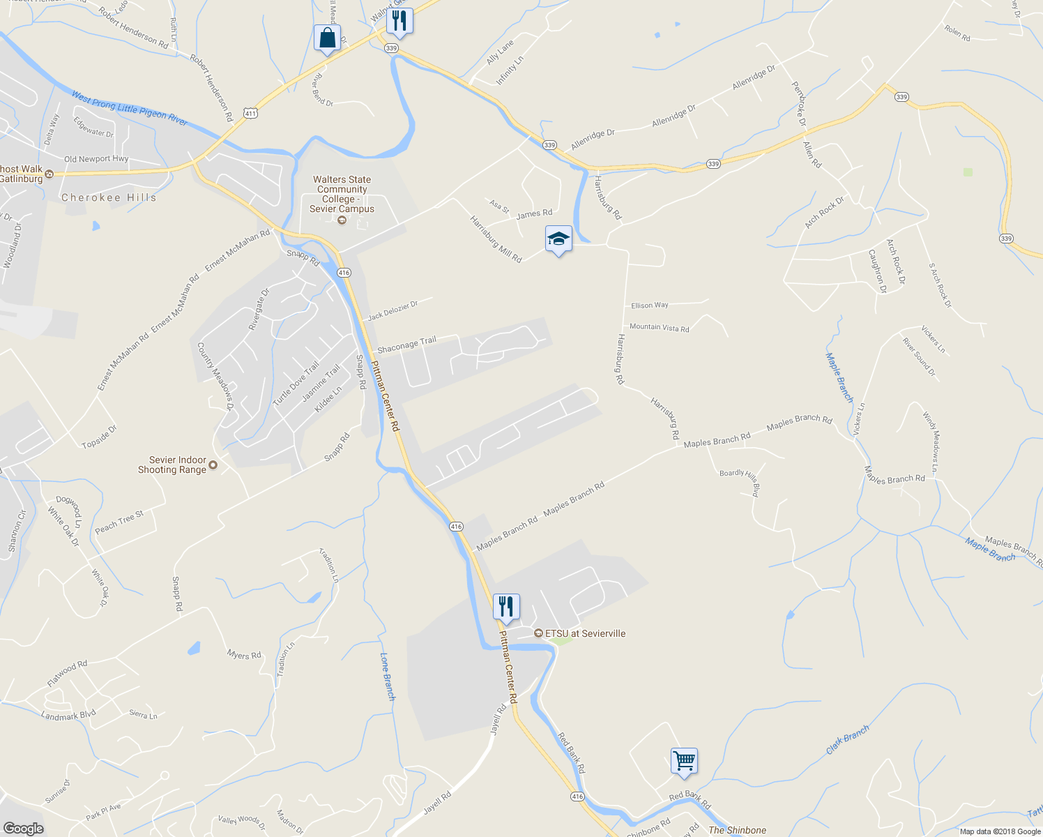 map of restaurants, bars, coffee shops, grocery stores, and more near 2149 Murphys Chapel Drive in Sevierville