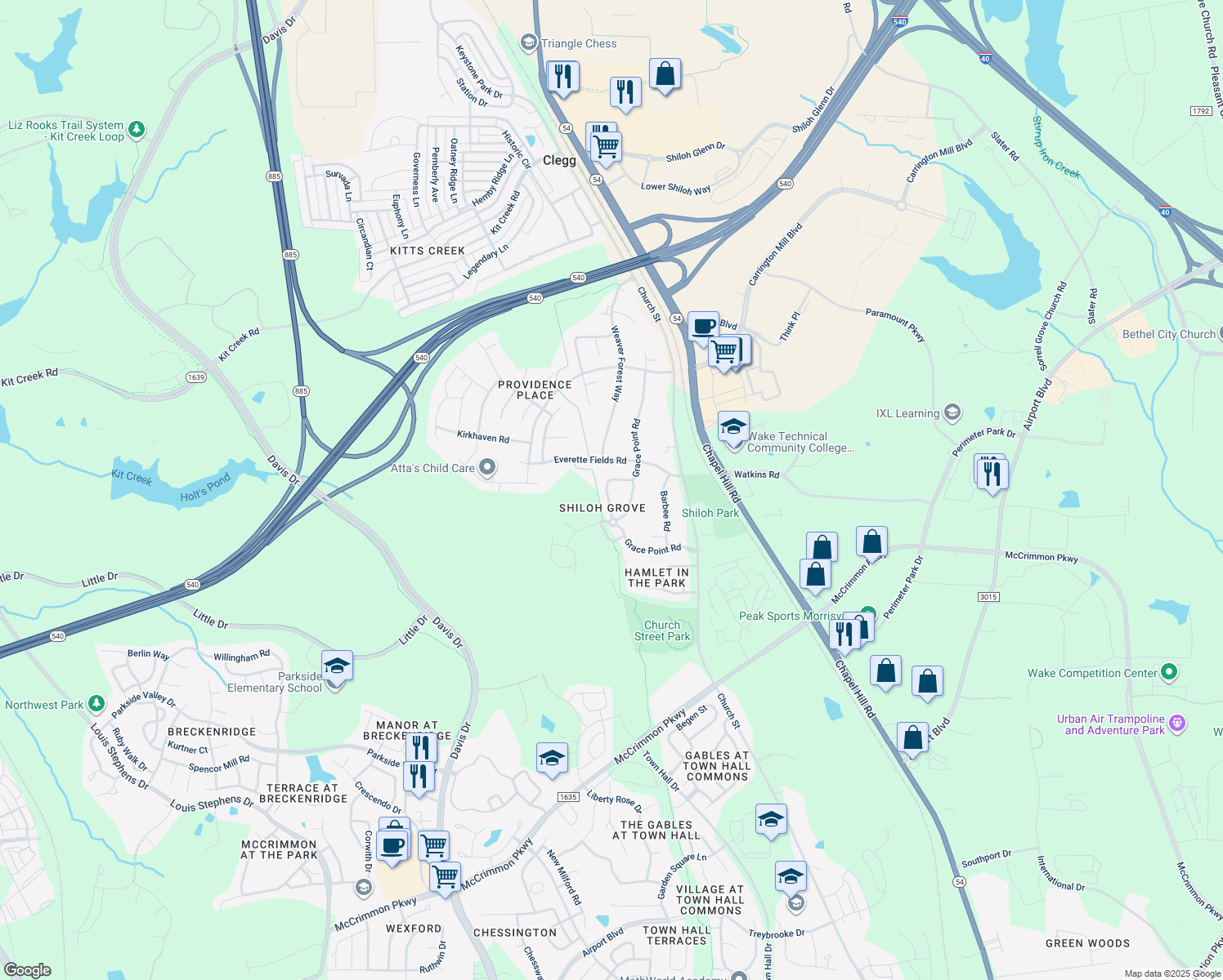 map of restaurants, bars, coffee shops, grocery stores, and more near 1412 Grace Point Road in Morrisville