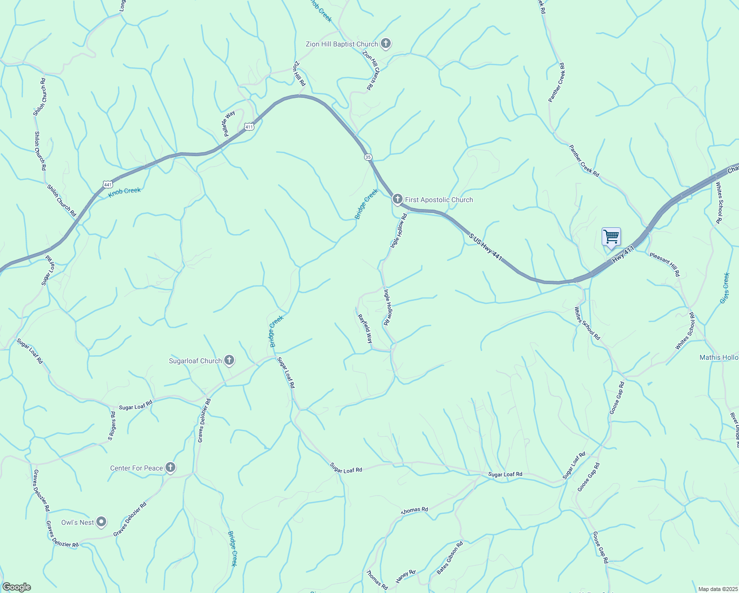 map of restaurants, bars, coffee shops, grocery stores, and more near 215 Rayfield Way in Sevierville