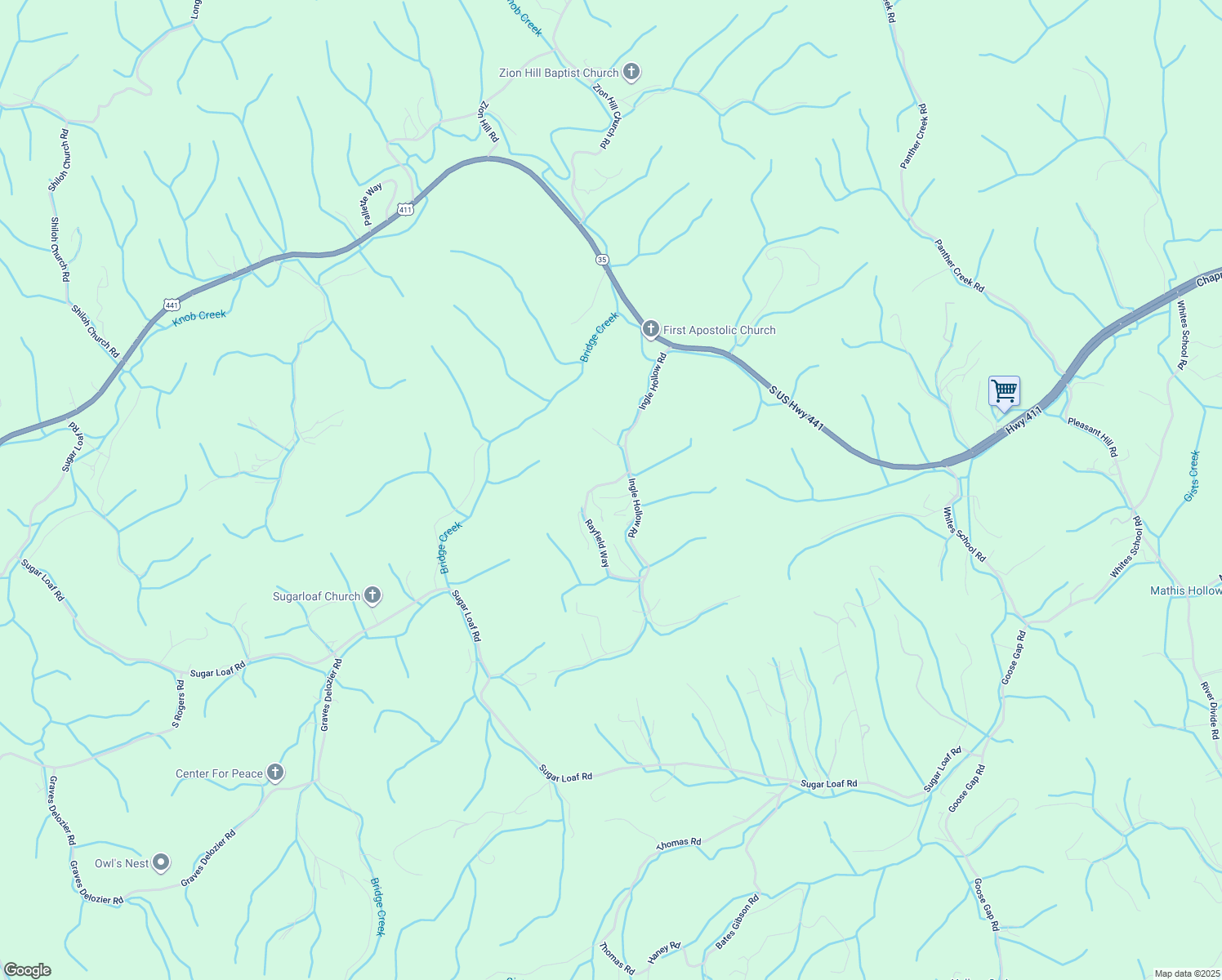 map of restaurants, bars, coffee shops, grocery stores, and more near 215 Rayfield Way in Sevierville