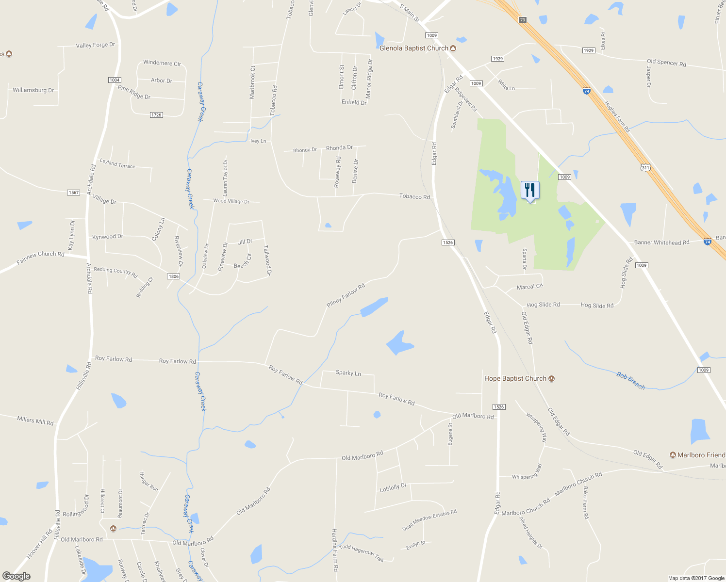map of restaurants, bars, coffee shops, grocery stores, and more near 4776 Pliney Farlow Road in Trinity