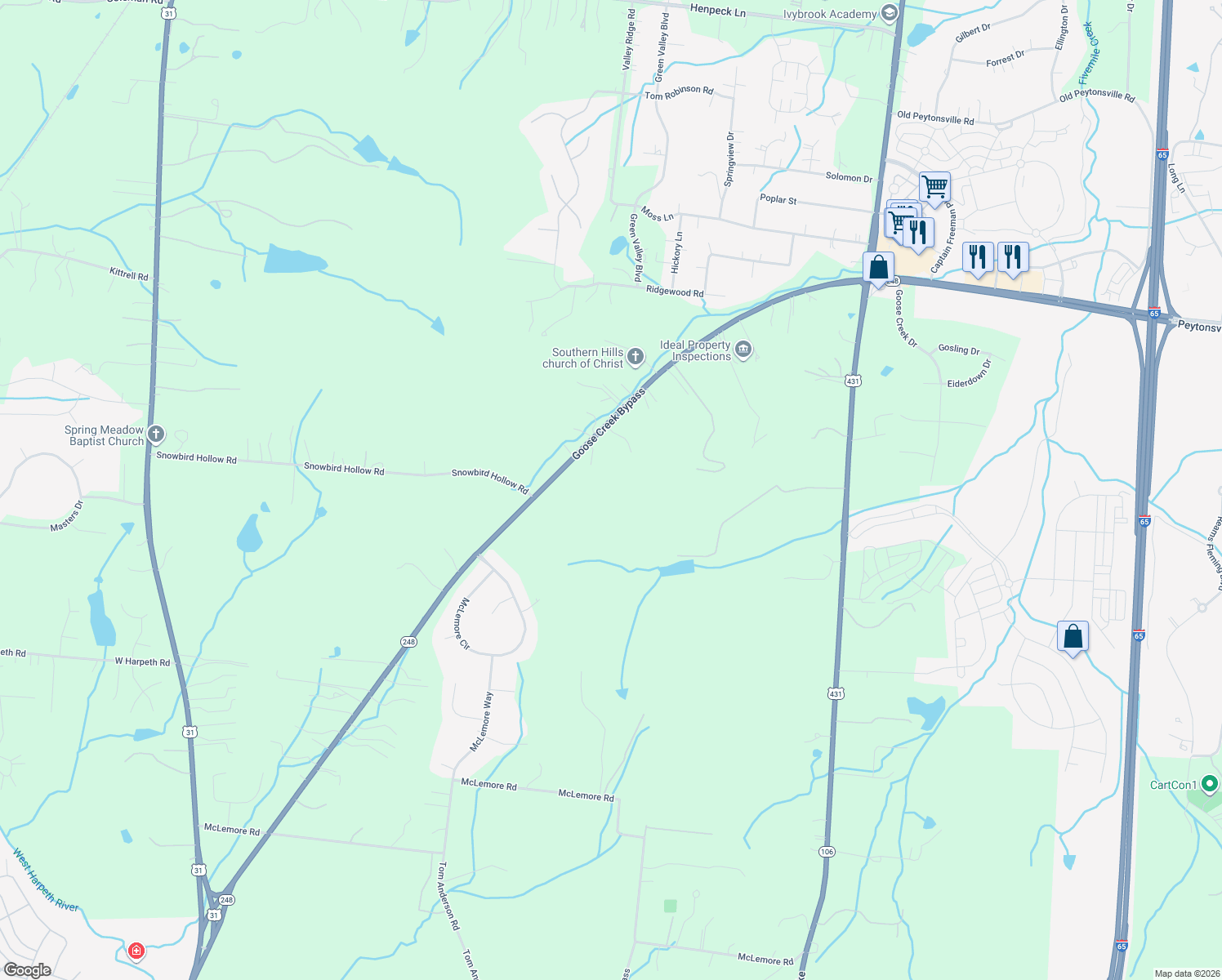 map of restaurants, bars, coffee shops, grocery stores, and more near 2531 Goose Creek Bypass in Franklin