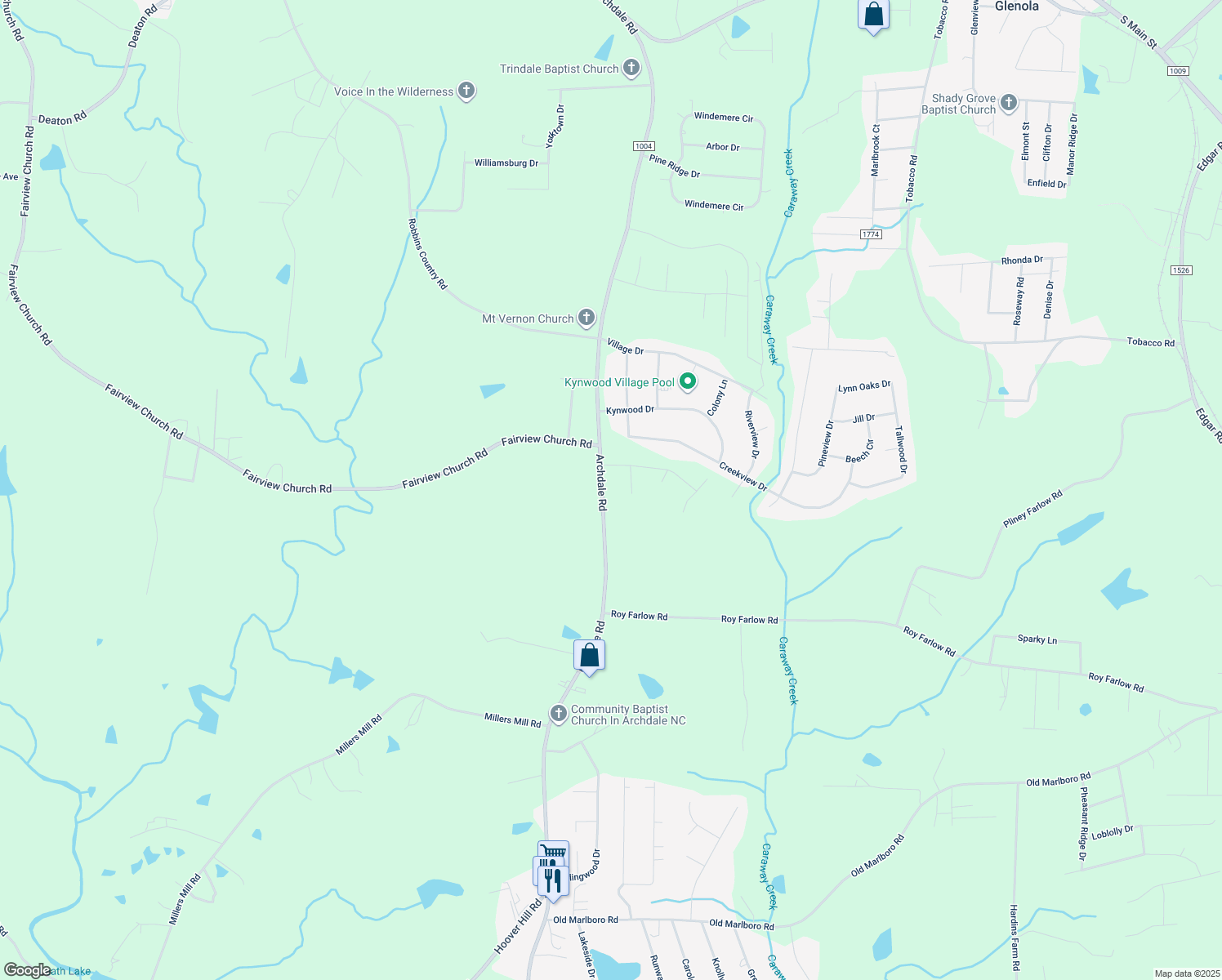 map of restaurants, bars, coffee shops, grocery stores, and more near 9388 Archdale Road in Trinity