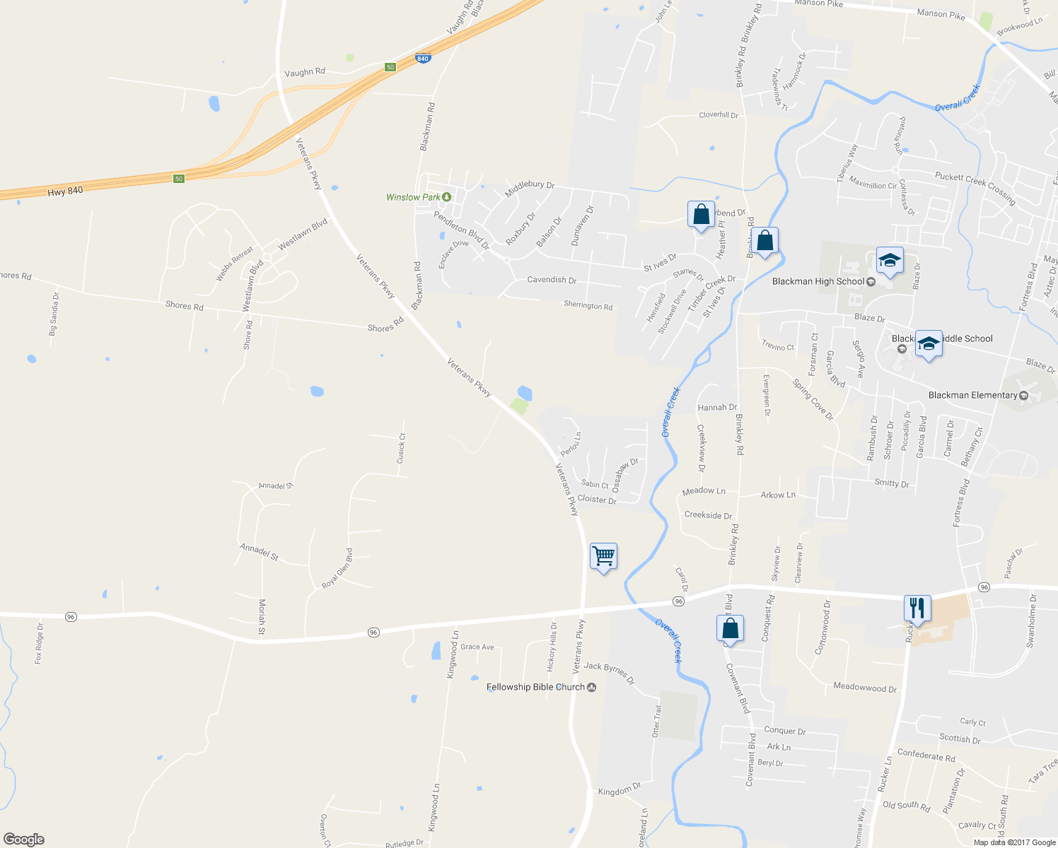 map of restaurants, bars, coffee shops, grocery stores, and more near 4760 Veterans Parkway in Murfreesboro
