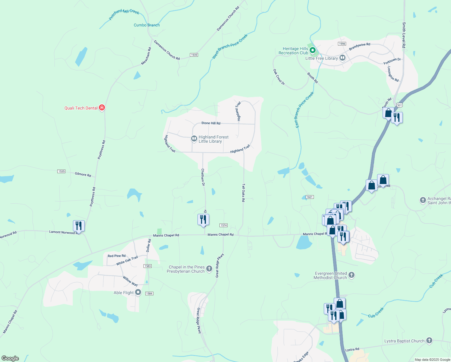 map of restaurants, bars, coffee shops, grocery stores, and more near 79 Glen Eden Court in Chapel Hill
