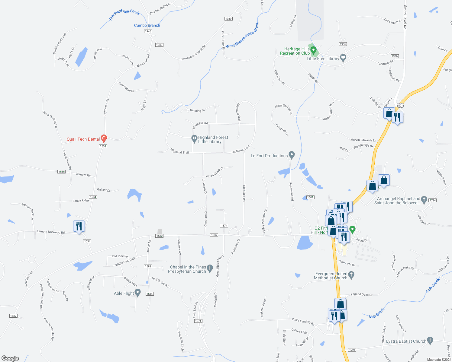 map of restaurants, bars, coffee shops, grocery stores, and more near 79 Glen Eden Court in Chapel Hill