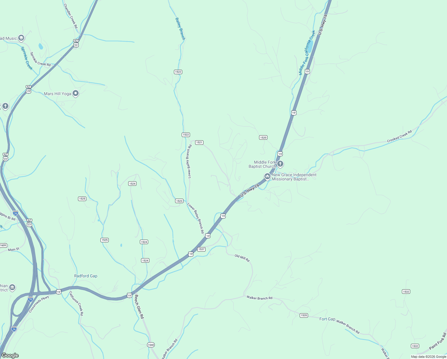 map of restaurants, bars, coffee shops, grocery stores, and more near 182 Upper Bailey Branch Road in Mars Hill