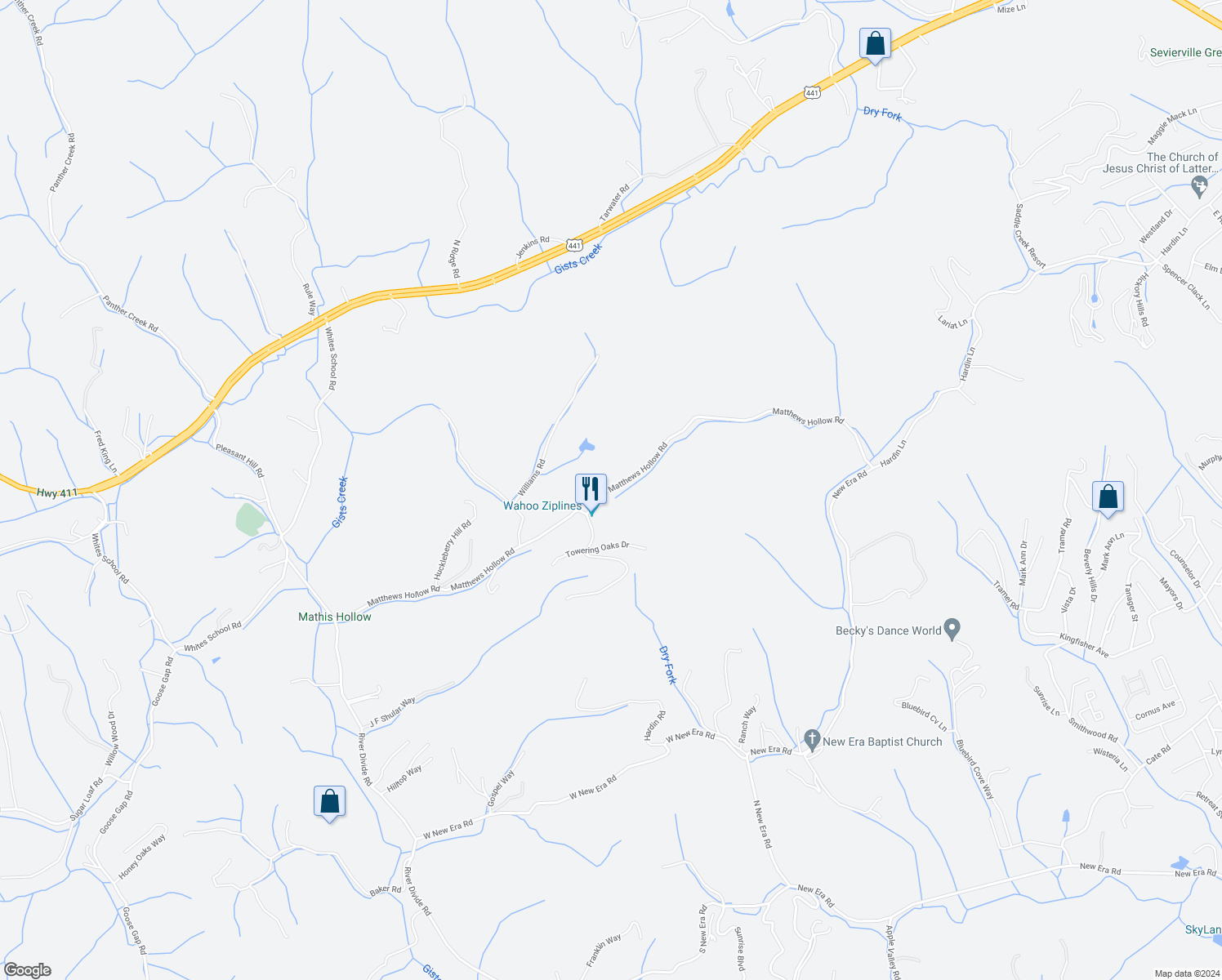 map of restaurants, bars, coffee shops, grocery stores, and more near 683 Stockton Drive in Sevierville