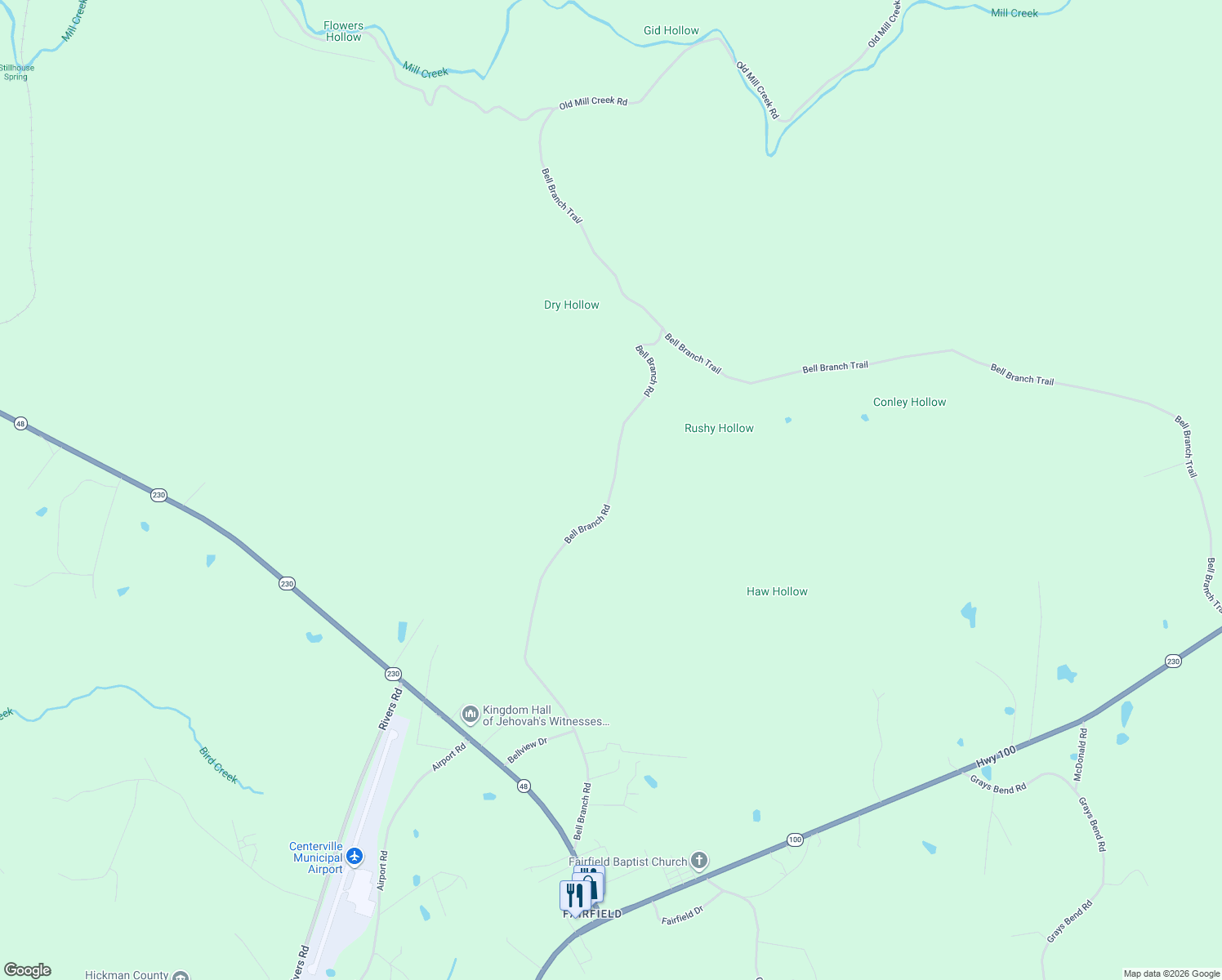 map of restaurants, bars, coffee shops, grocery stores, and more near Bell Branch Road in Nunnelly