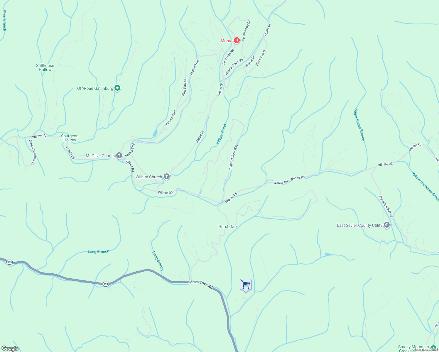 map of restaurants, bars, coffee shops, grocery stores, and more near 1721 Bourne Way in Pigeon Forge