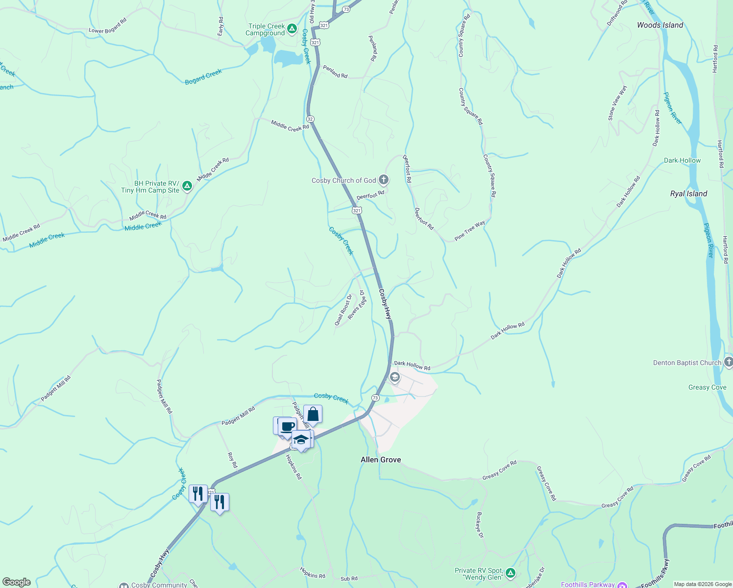 map of restaurants, bars, coffee shops, grocery stores, and more near 3068 Rivers Edge Dr in Cosby