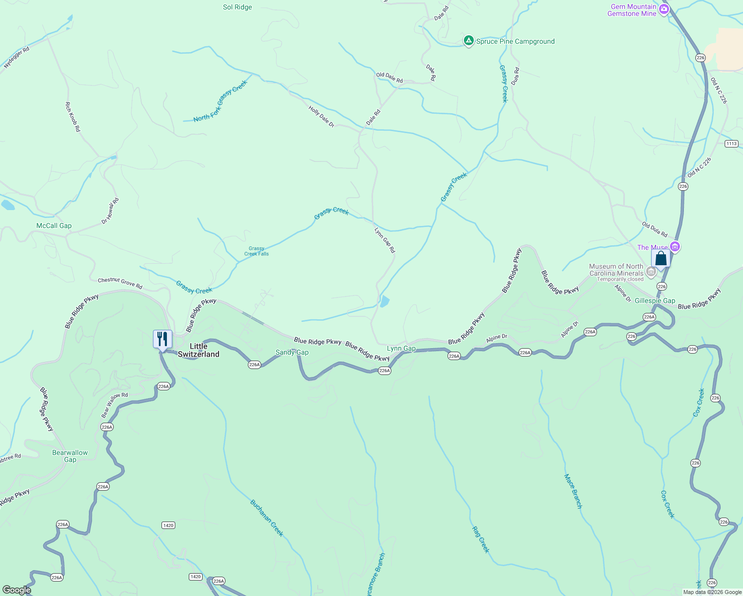 map of restaurants, bars, coffee shops, grocery stores, and more near 401 Lynn Gap Road in Spruce Pine