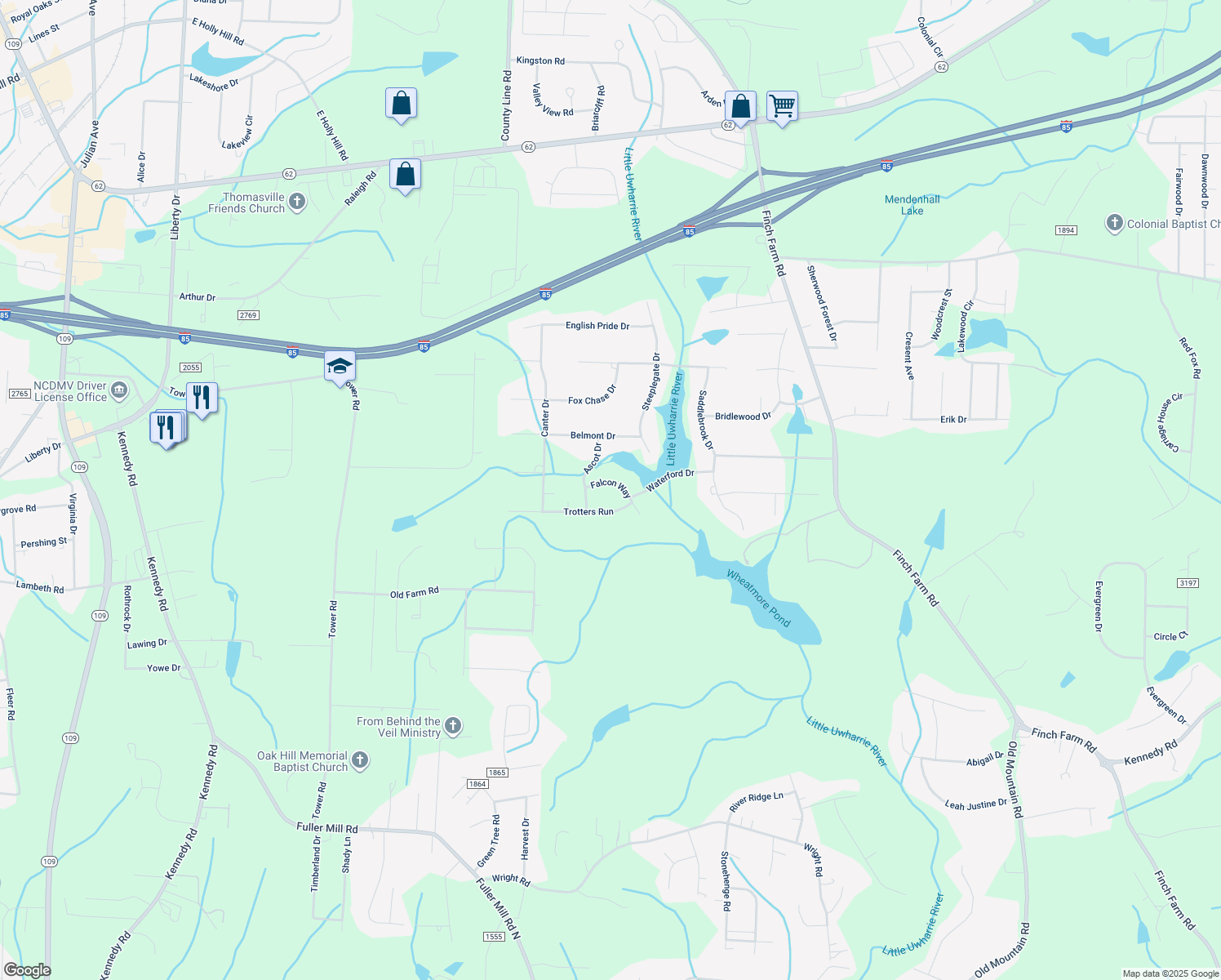 map of restaurants, bars, coffee shops, grocery stores, and more near 7161 Falcon Way in Trinity