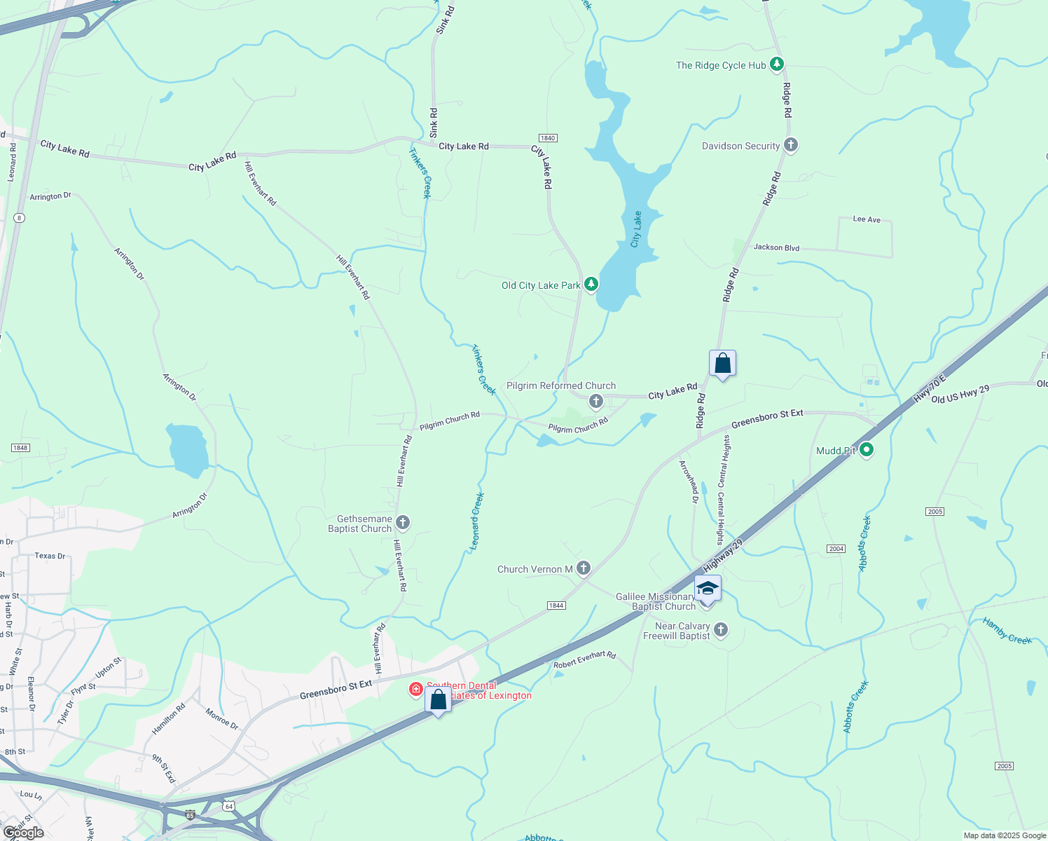 map of restaurants, bars, coffee shops, grocery stores, and more near Pilgrim Church Road in Lexington