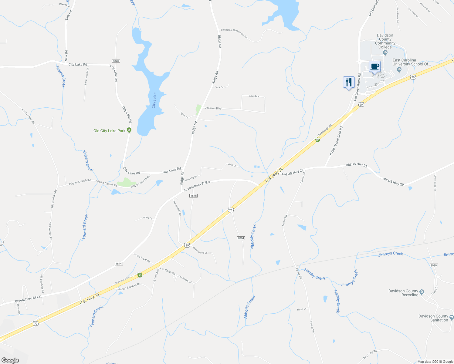 map of restaurants, bars, coffee shops, grocery stores, and more near 2804 Greensboro Street Extension in Lexington