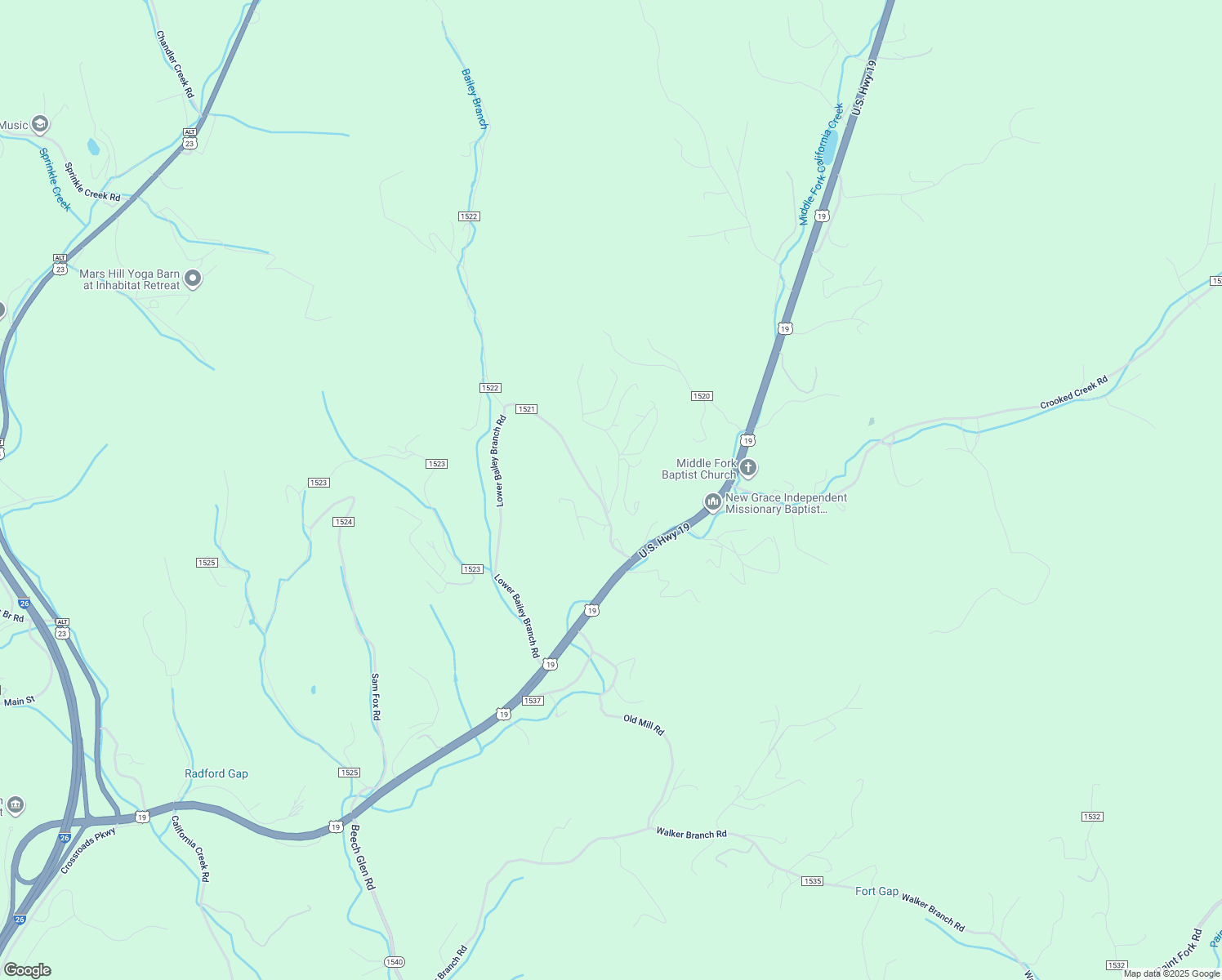map of restaurants, bars, coffee shops, grocery stores, and more near 182 Upper Bailey Branch Road in Mars Hill