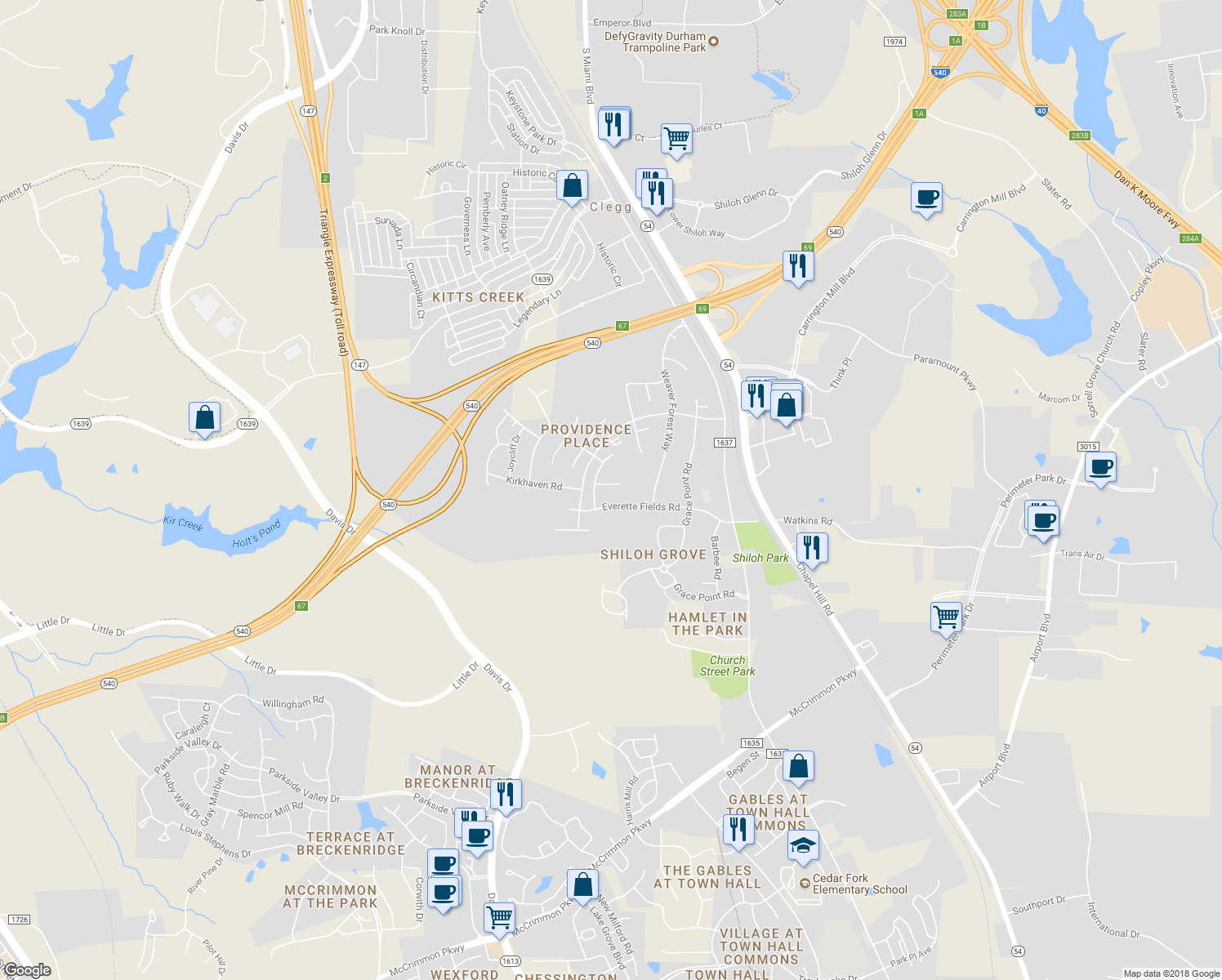 map of restaurants, bars, coffee shops, grocery stores, and more near 109 Gatewater Court in Morrisville