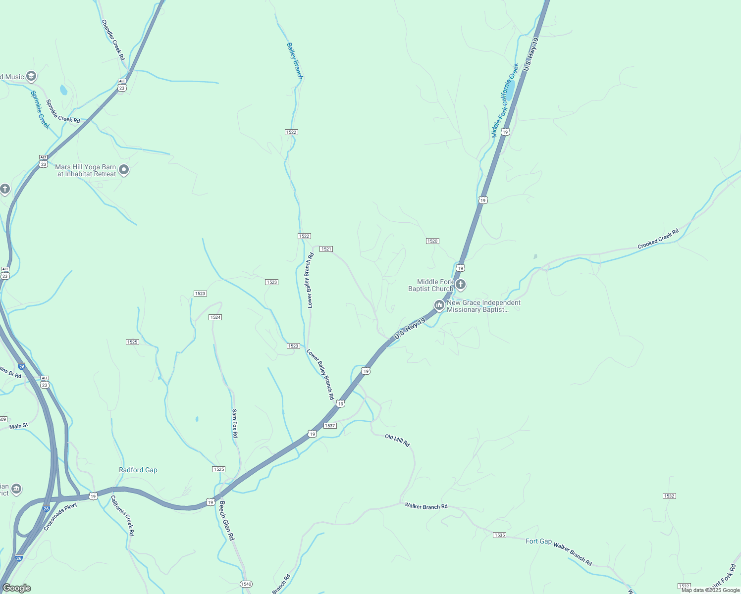 map of restaurants, bars, coffee shops, grocery stores, and more near 182 Upper Bailey Branch Road in Mars Hill