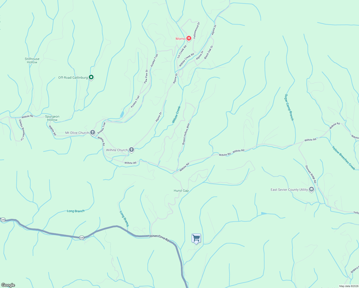 map of restaurants, bars, coffee shops, grocery stores, and more near 1721 Bourne Way in Pigeon Forge