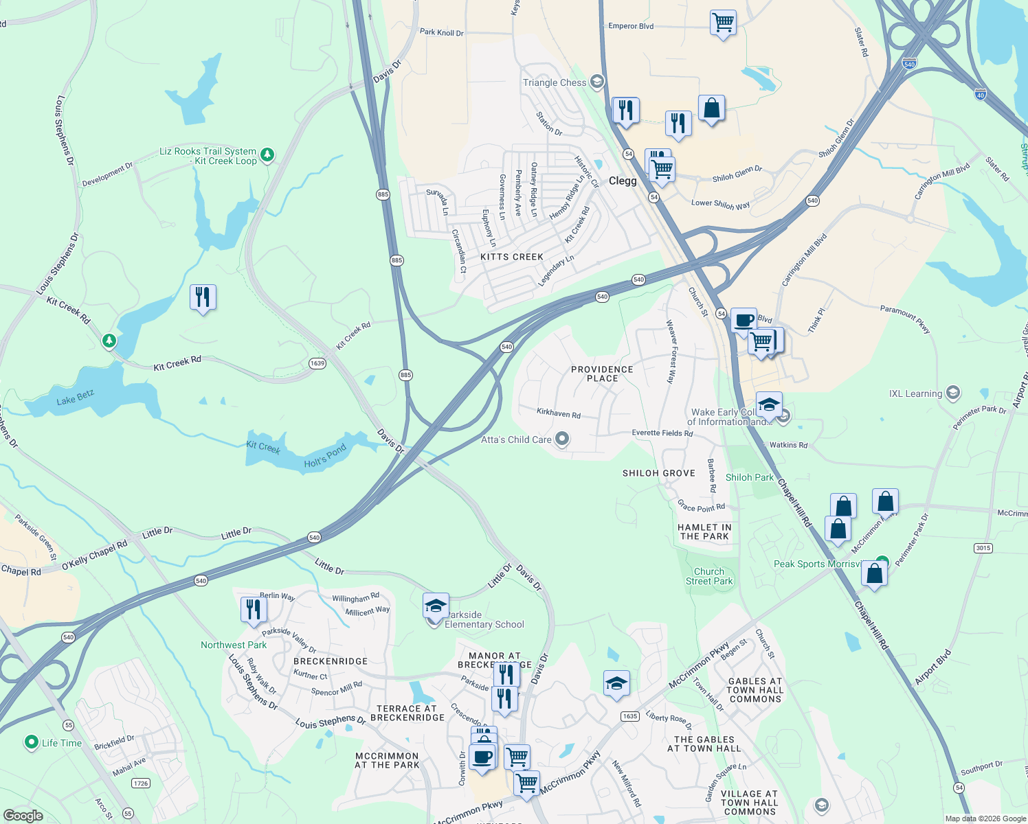 map of restaurants, bars, coffee shops, grocery stores, and more near 2014 Junewood Lane in Morrisville