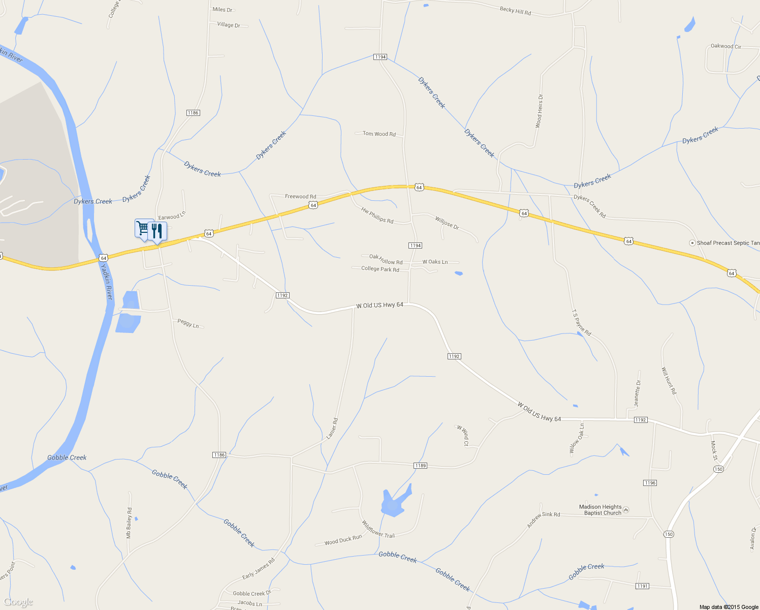 map of restaurants, bars, coffee shops, grocery stores, and more near 6552 West Old US Highway 64 in Lexington